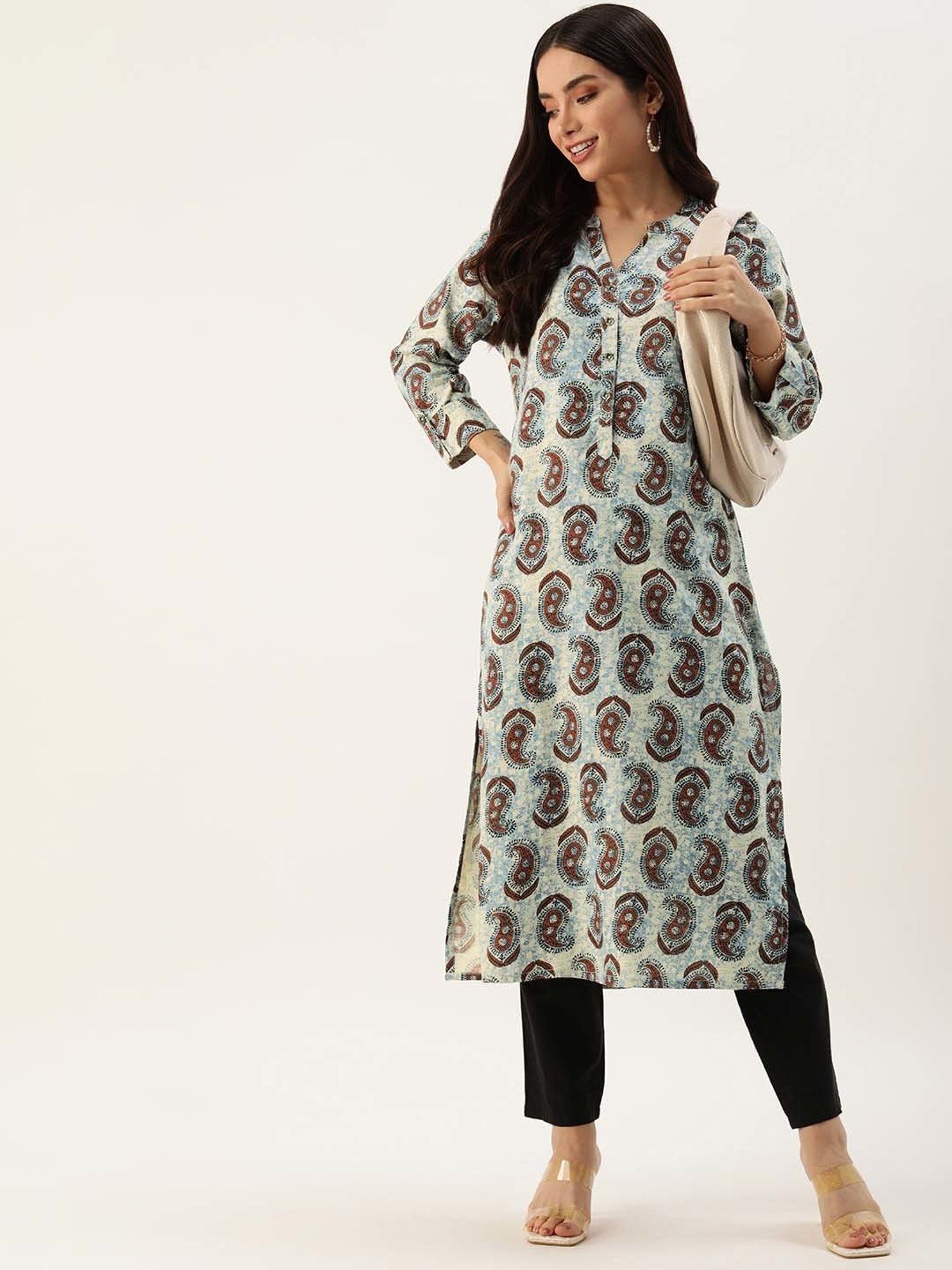 Amukti Blue Printed A Line Kurta