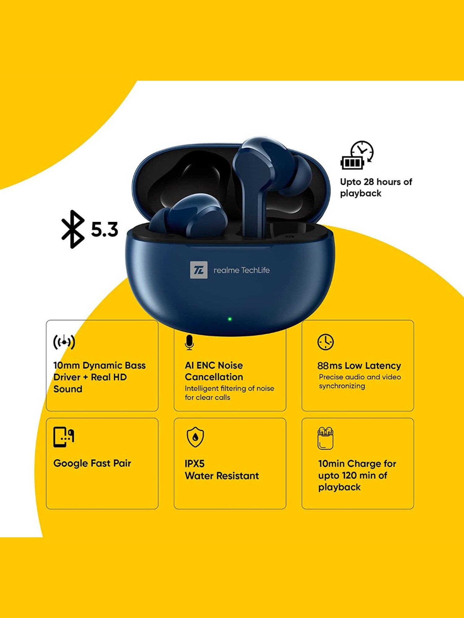 Realme TechLife Buds T100 In Ear Bluetooth Earbuds with AI ENC & 28H Playback (Blue, True Wireless)