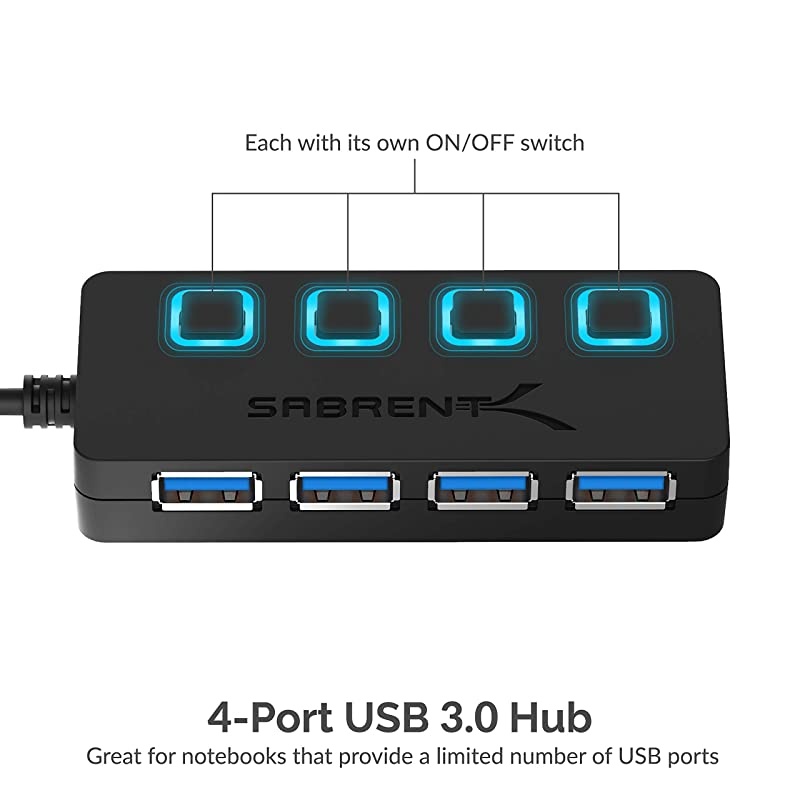 4Port USB 30 Hub with Individual LED Power Switches | 2 Ft Cable | Slim Portable | for Mac PC HBUM43