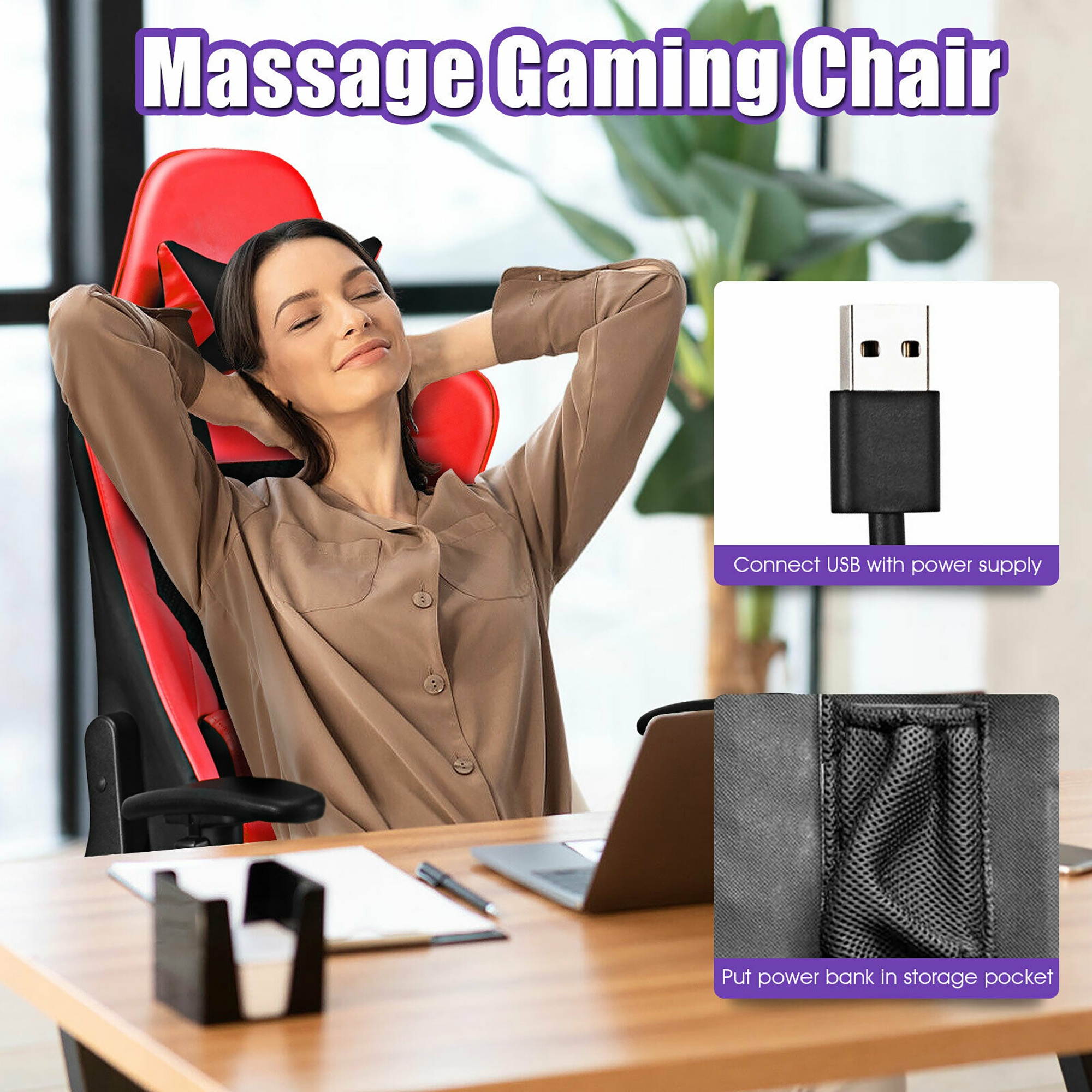 Costway Massage Gaming Chair Reclining Racing Office Computer Chair with Footrest Red