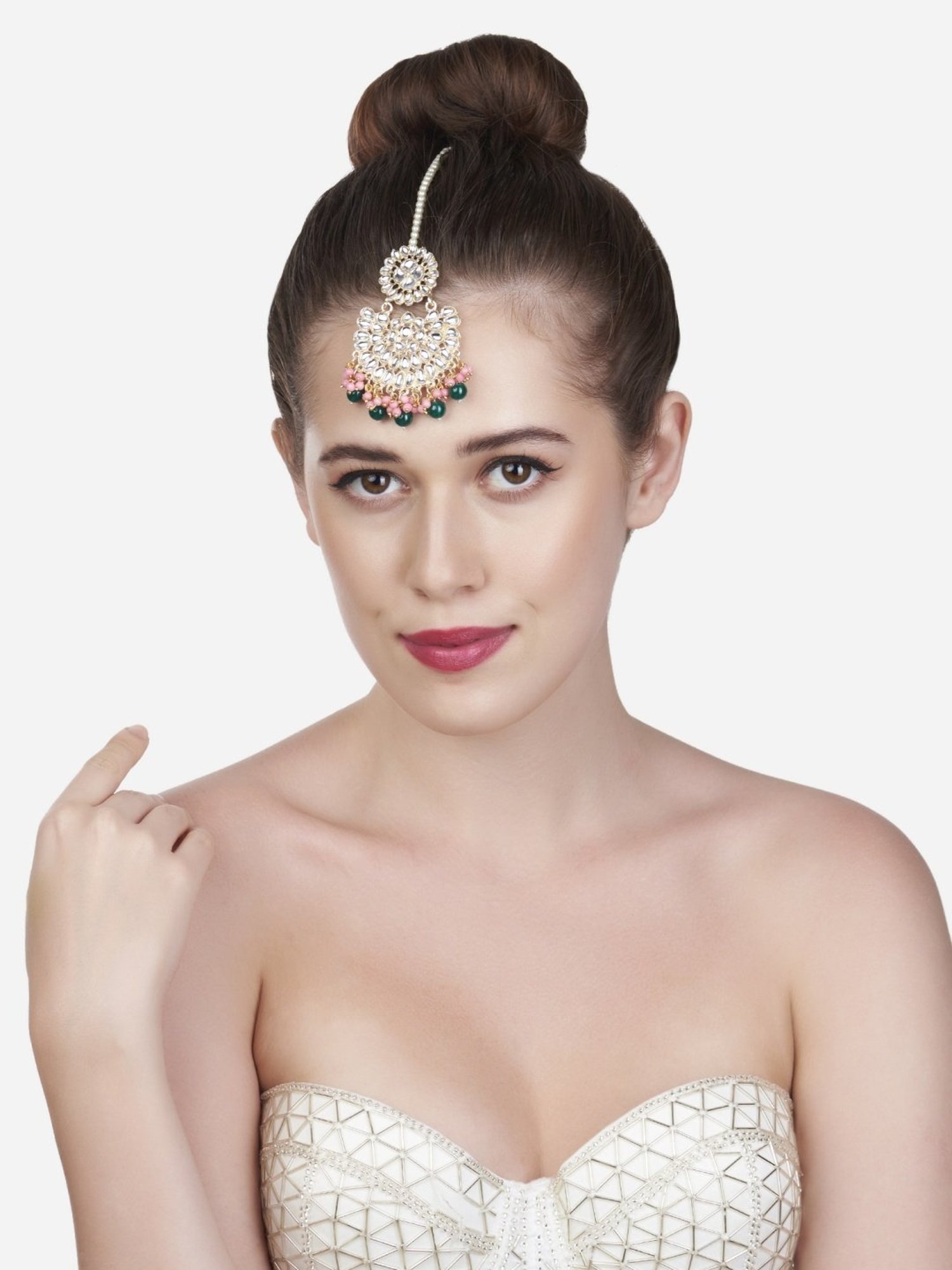 Zaveri Pearls Pink & Green Cluster Beads Drop Bridal Kundan Maangtikka-ZPFK13562