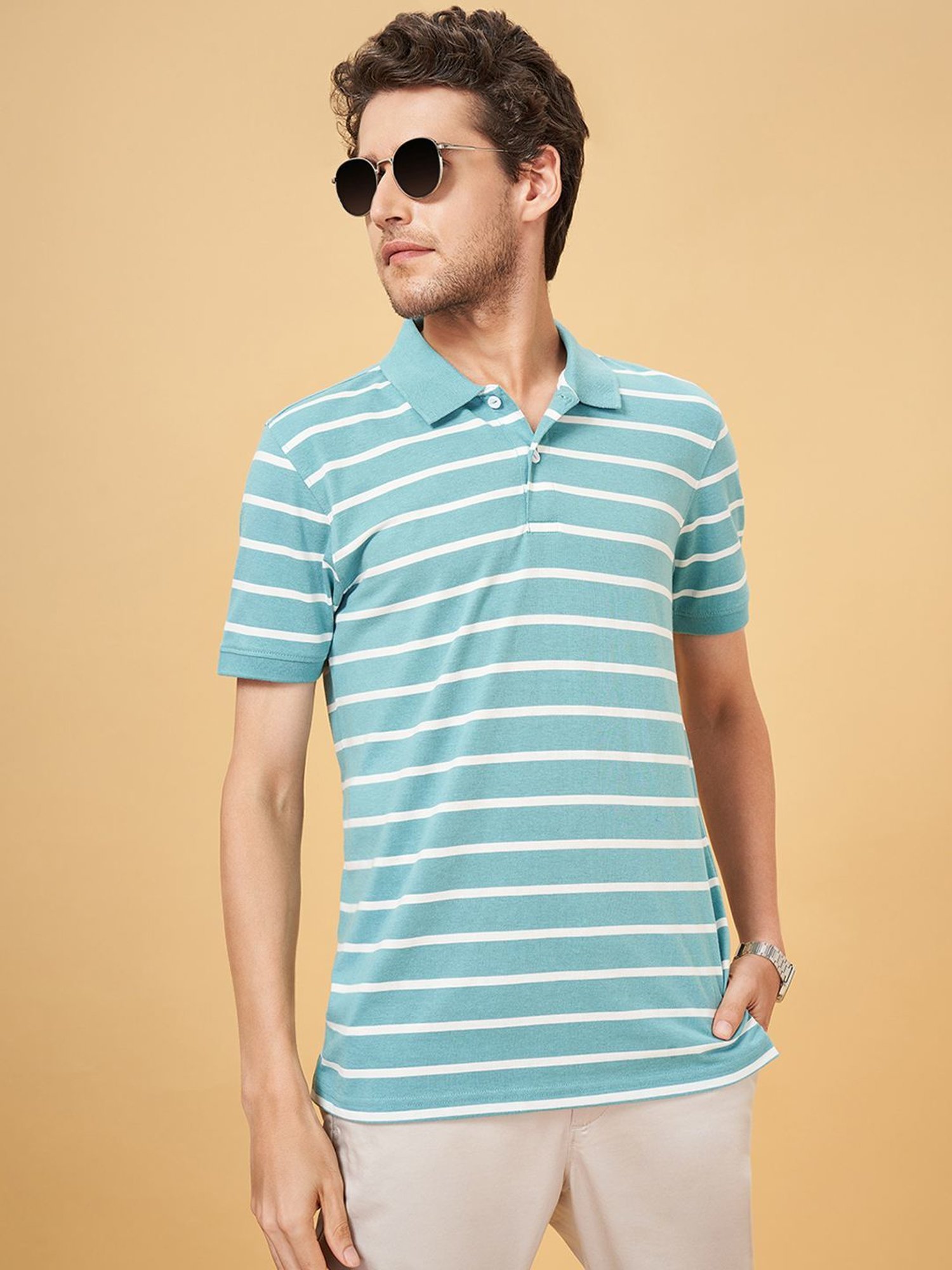 Byford By Pantaloons Bel Air Blue Cotton Slim Fit Striped Polo T-Shirt