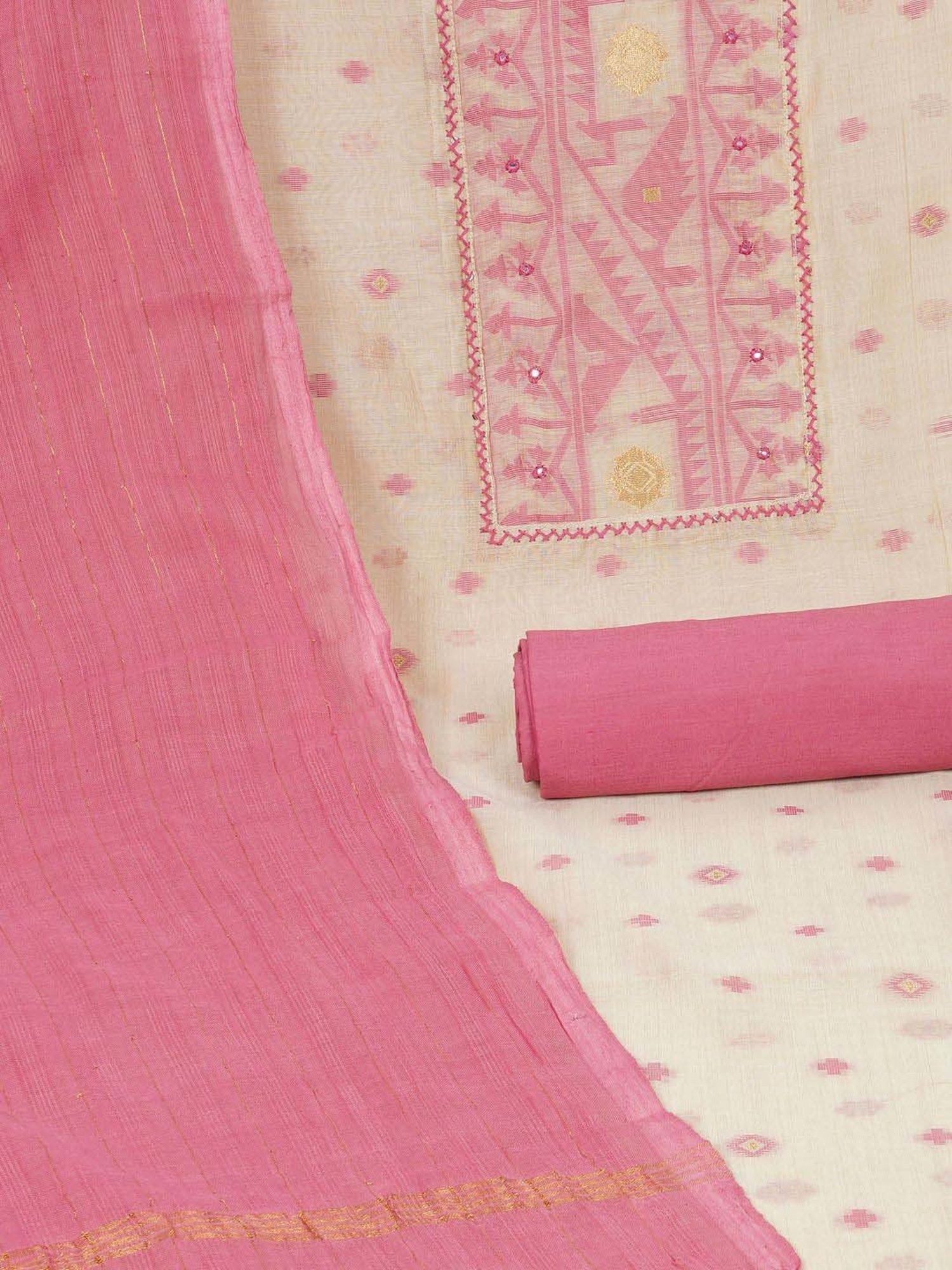 Kami Kubi White & Pink Embroidered Unstitched Dress Material