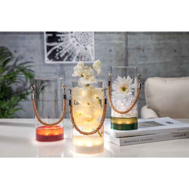 Everlasting Glow Set of Three 7.87-Inch Tall Lighted Glass Vases With Rope Handle