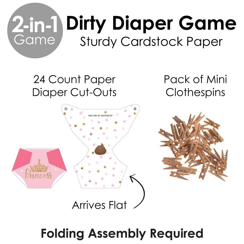 Big Dot of Happiness Little Princess Crown - Pink and Gold Princess Baby Shower Conversation Starter - 2-in-1 Dirty Diaper Game - Set of 24