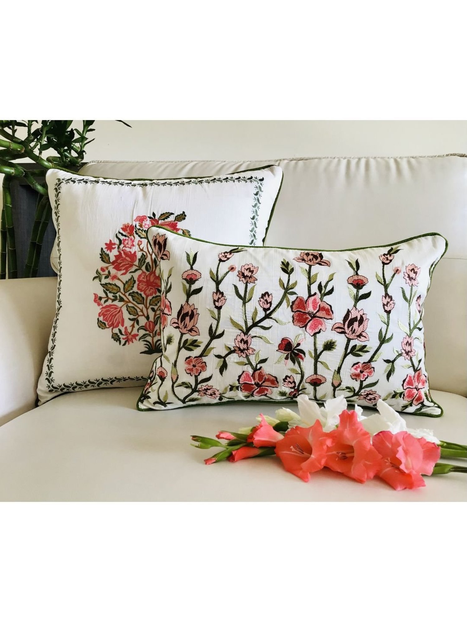 TARA Sparkling Homes Pink Embroidered Cotton Silk Cushion Cover - Set of 2