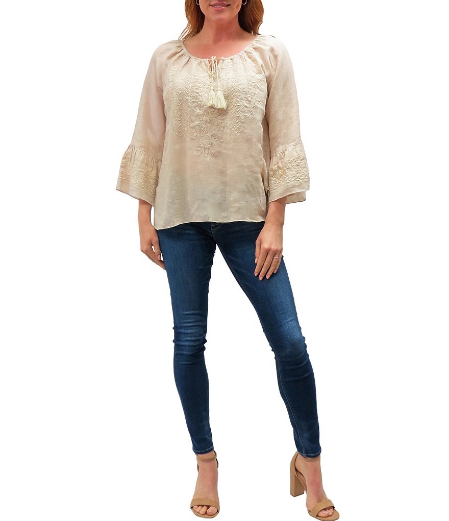 Karyn Seo Sonali Bell Sleeve Keyhole Jewel Neck Embroidered Top