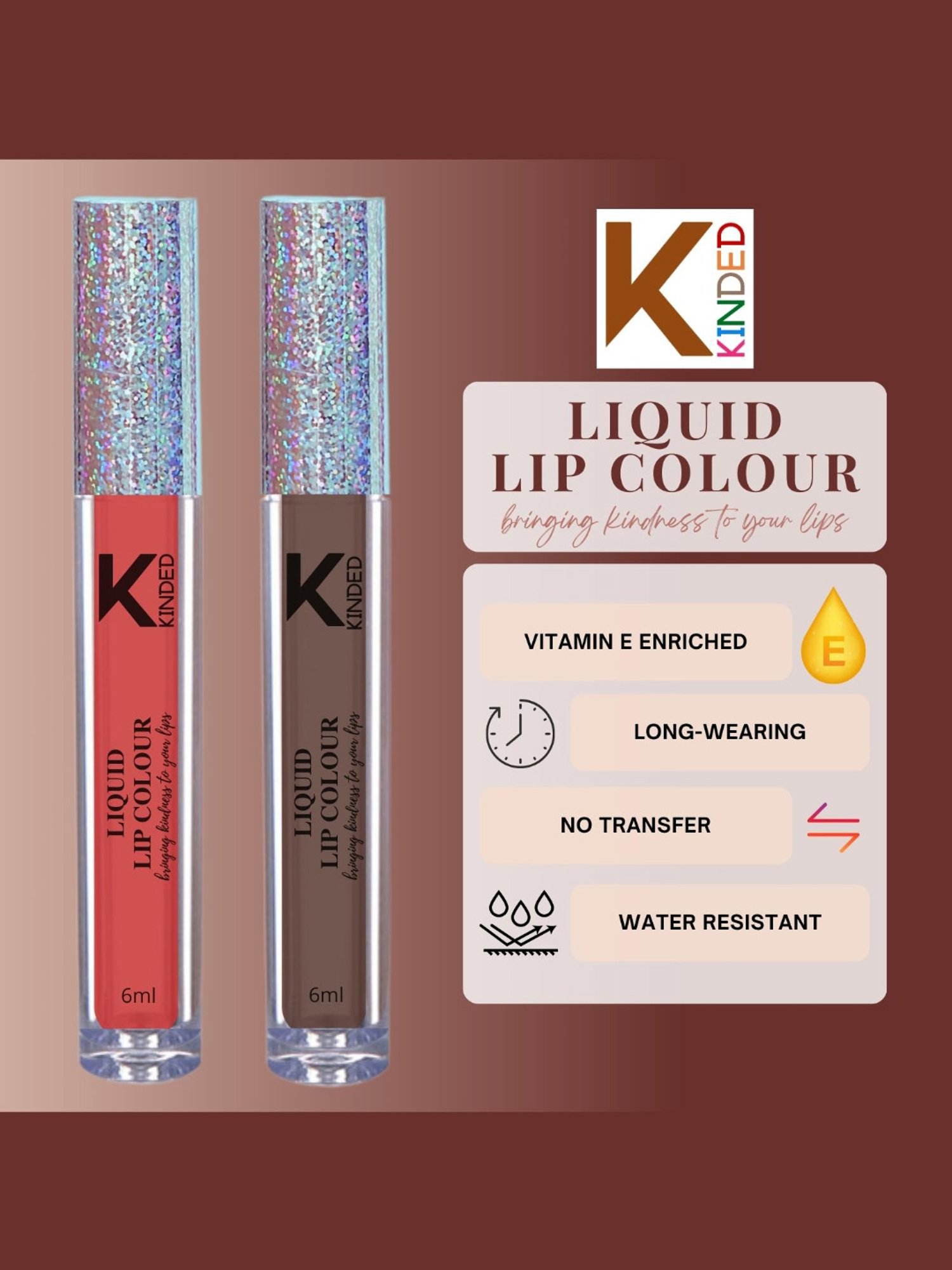KINDED Liquid Lip Colour 03 Vermilion Red & 07 Choco Brown Combo