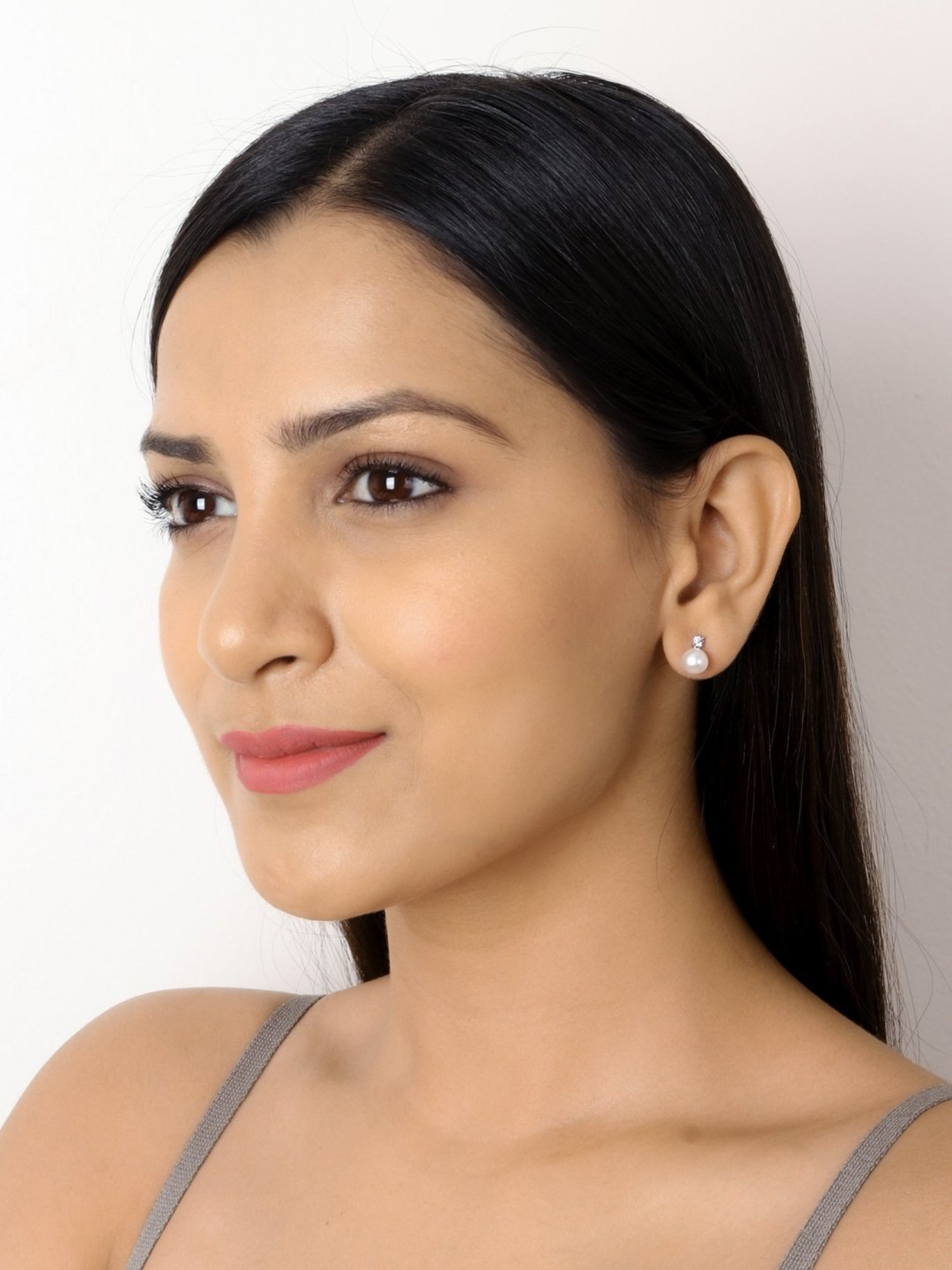 925 Silver Freshwater Pearl and American Diamond Stud Earrings for Women & Girls