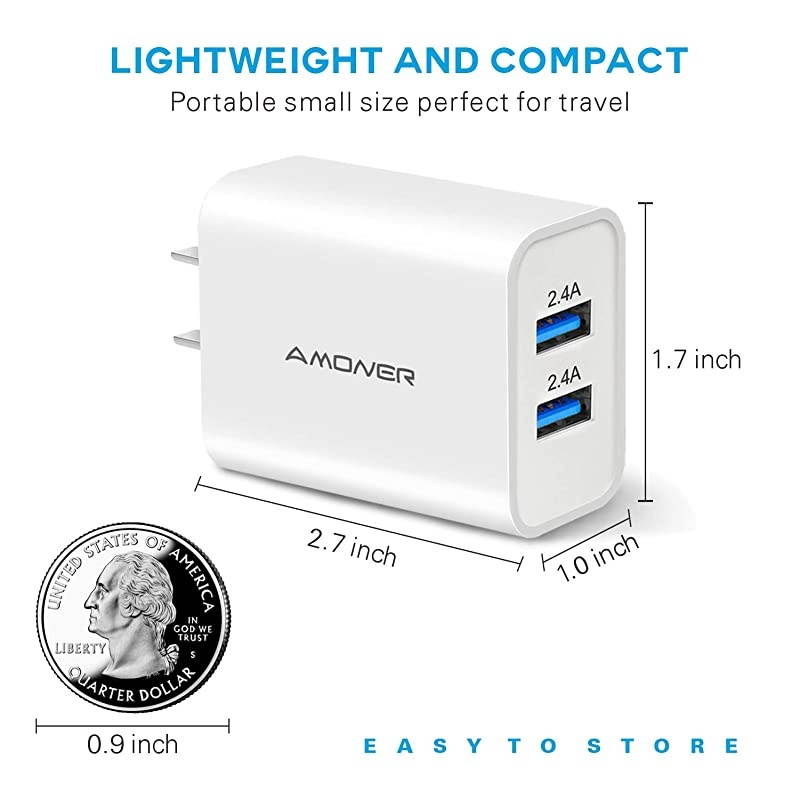 Wall Charger, 2Pack 24W 2-Port USB Plug Cube Travel Wall Charger for iPhone 12/Mini/11/Pro/ProMax/Xs/XS Max/XR/X/8/7, Galaxy10/9, Note10/9, and More