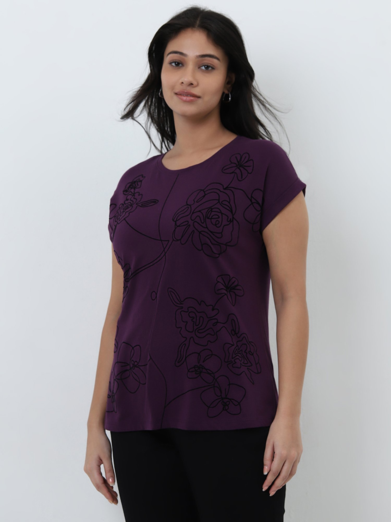 Gia by Westside Purple Floral Design Cotton T-Shirt