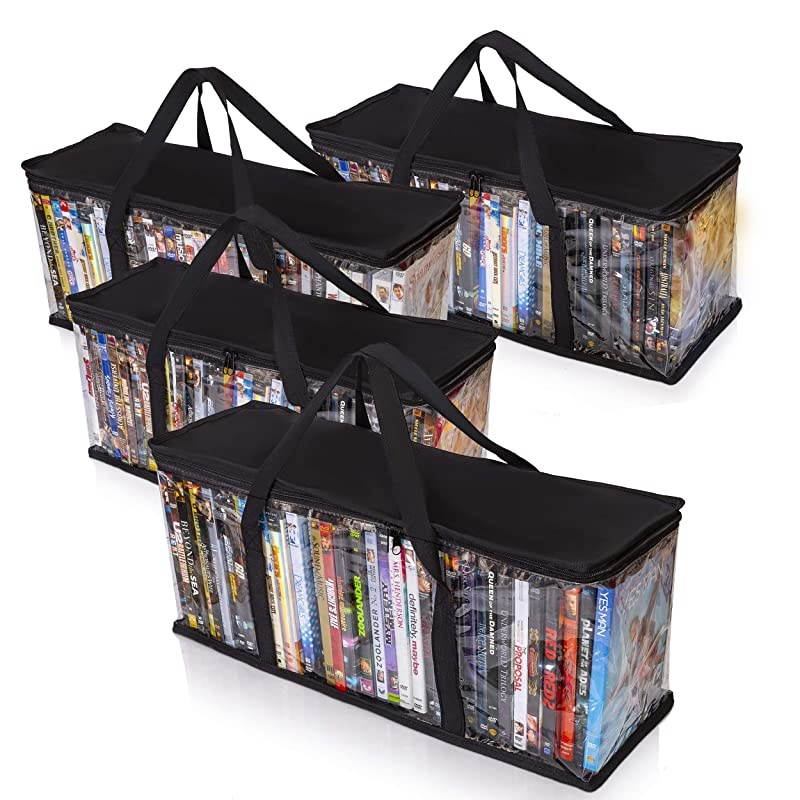 Premium Quality Home DVD Storage Bags 4Pack Holds 160 Total Movies or Video Games Bluray | Convenient Travel Case for Media | Stackable Easy to Carry Black