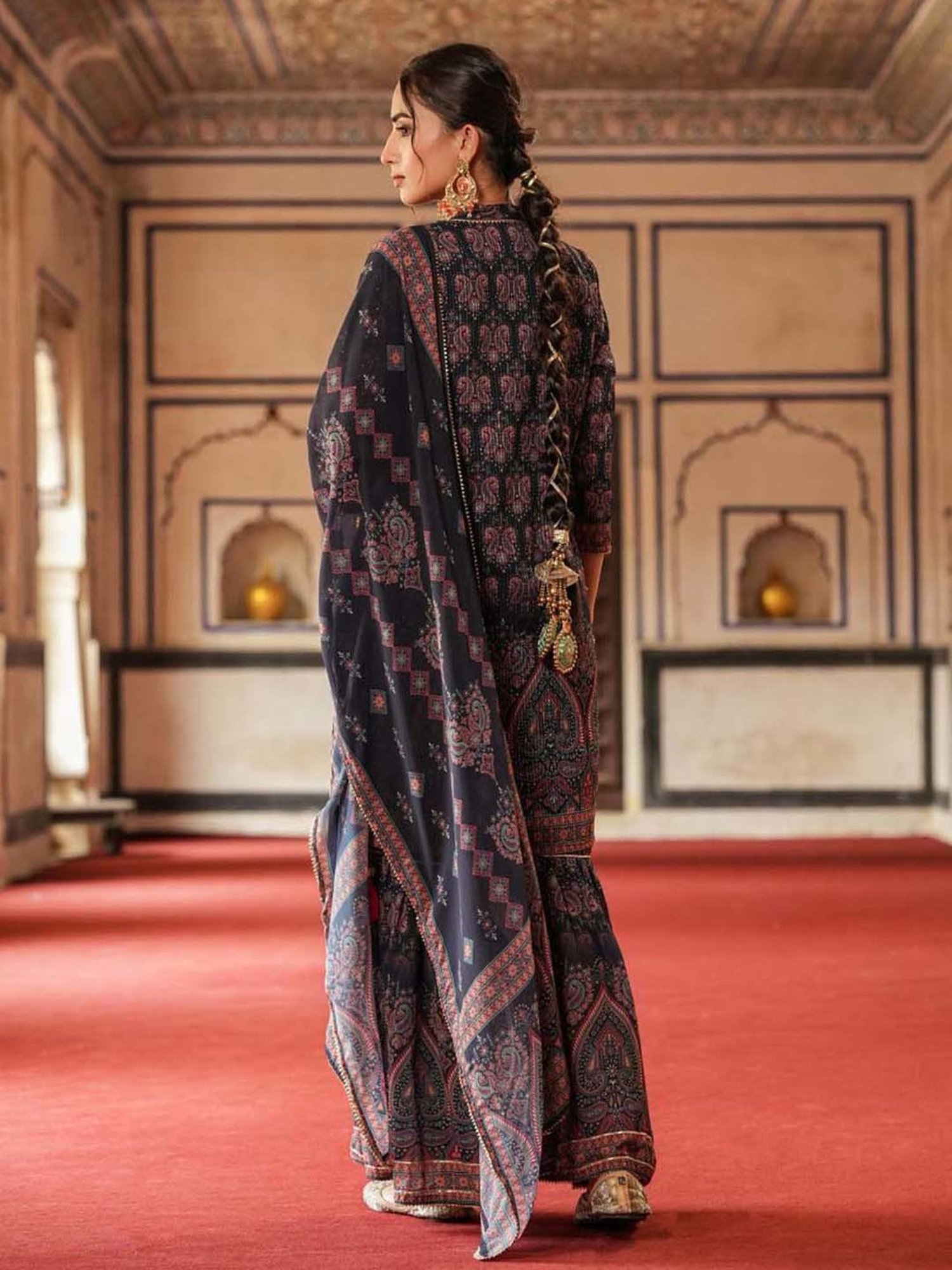 SCAKHI Navy Printed Kurti Sharara Set With Dupatta