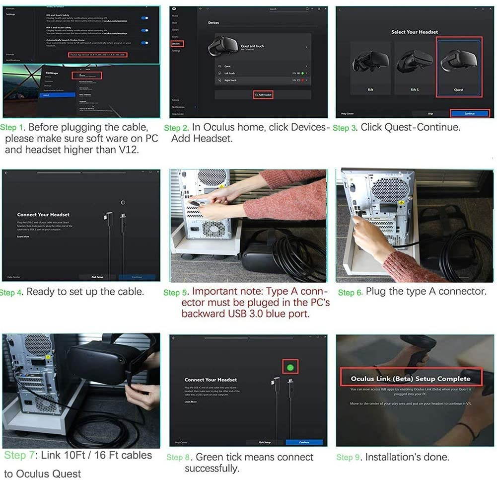 Oculus Quest Link Cable, USB A to USB C Cable 10FT / 3M, 90 Degree Angled High Speed Data Transfer & Fast Charging Cable Compatible for Oculus Quest and Gaming PC