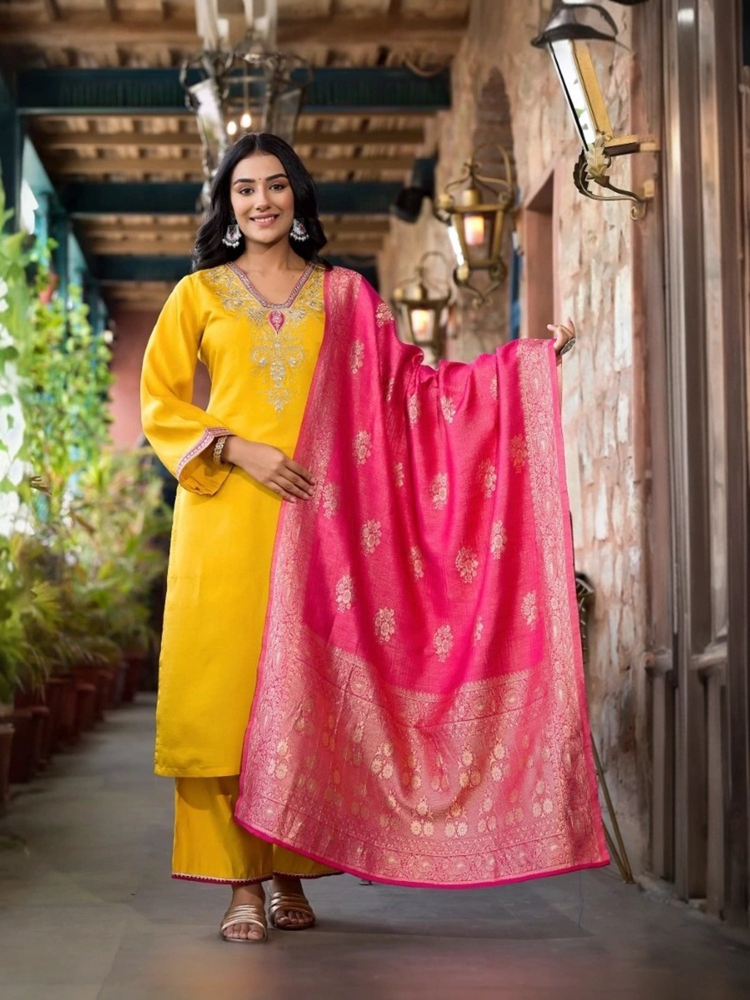Juniper Yellow Embroidered Kurta Pant Set With Dupatta