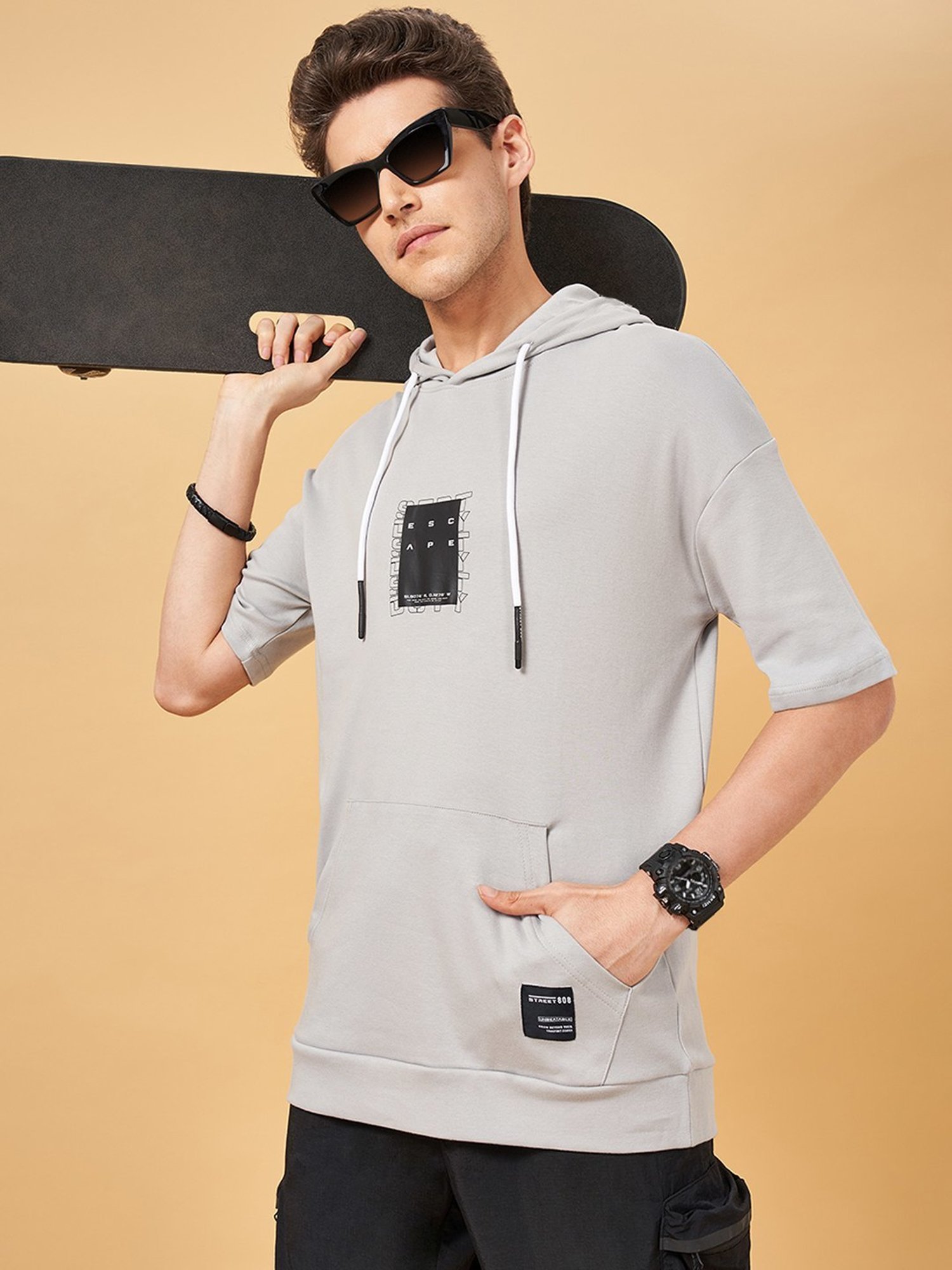 Street 808 By Pantaloons Steel Gray Loose Fit Hooded T-Shirt