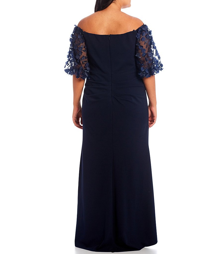 Xscape Plus Size 3D Floral Applique Scuba Crepe Off-the-Shoulder Elbow Puff Short Sleeve Mermaid Gown