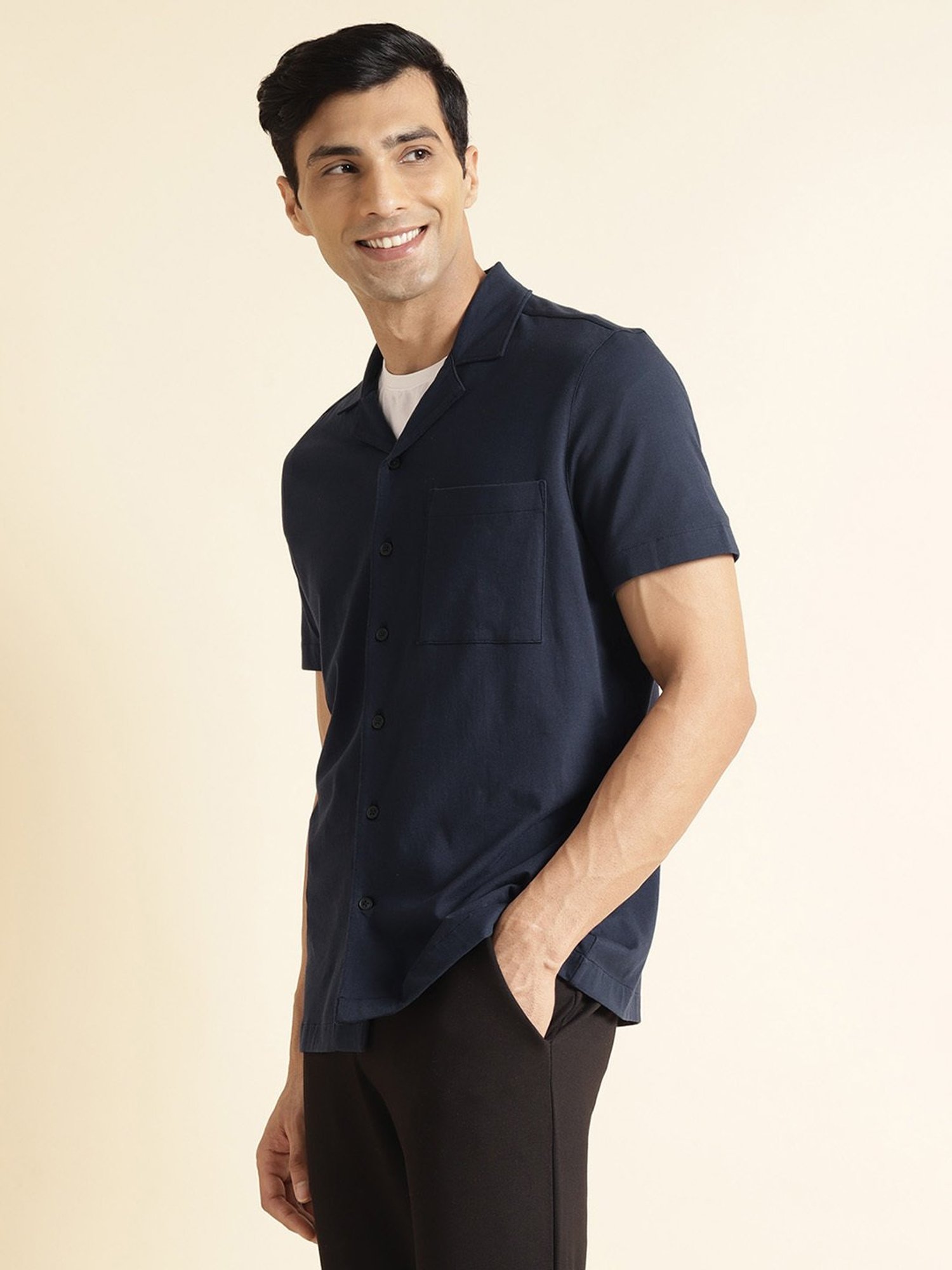 ANDAMEN Navy Regular Fit Cotton Shirt