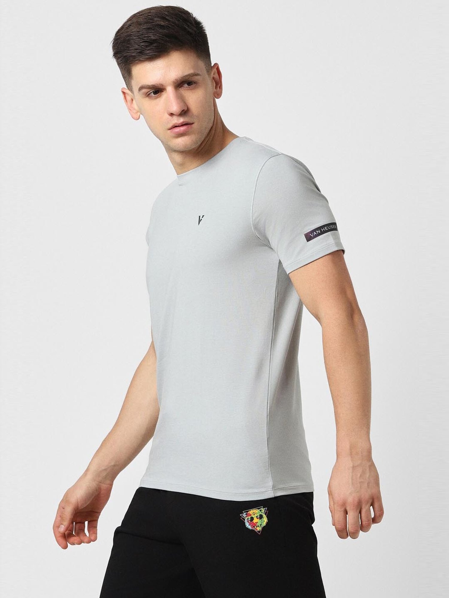 V Dot Grey Cotton Slim Fit T-Shirt