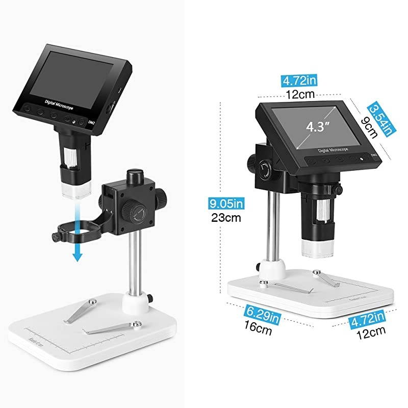 4.3 inch Full Color LCD Digital USB Microscope with 10X-600X Magnification Zoom,8 LED Adjustable Light,Rechargeable Lithium Battery,Micro-SD Storage,Camera Video Recorder