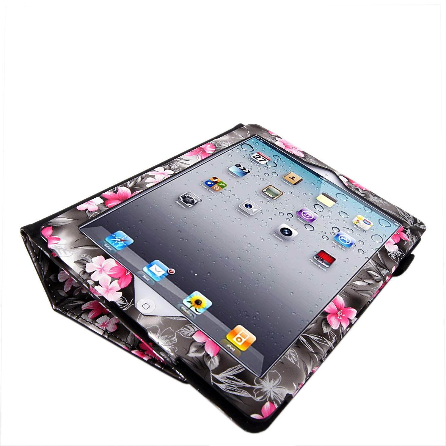Cellularvilla Case for Apple iPad 2/3/4 iPad 1 iPad 2 iPad 3 iPad 4 Genration Black Pink Flower Pu Leather Flip Folio Elastic Hand Strap Card Holder Stand Case Cover Protector