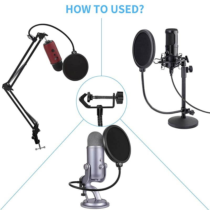Upgraded Microphone Pop Filter Mask Shield for Blue Yeti and Other Mic 6 Inch Dual Layered Pop Wind Screen with Enhanced Flexible 360&deg;Gooseneck Clip Stabilization Arm