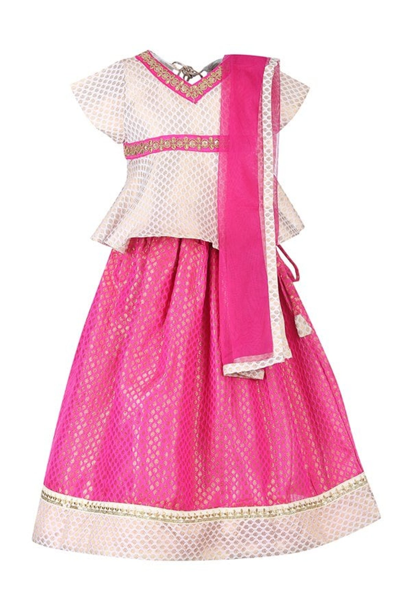 A Little Fable Kids White & Pink Embellished Lehenga Choli