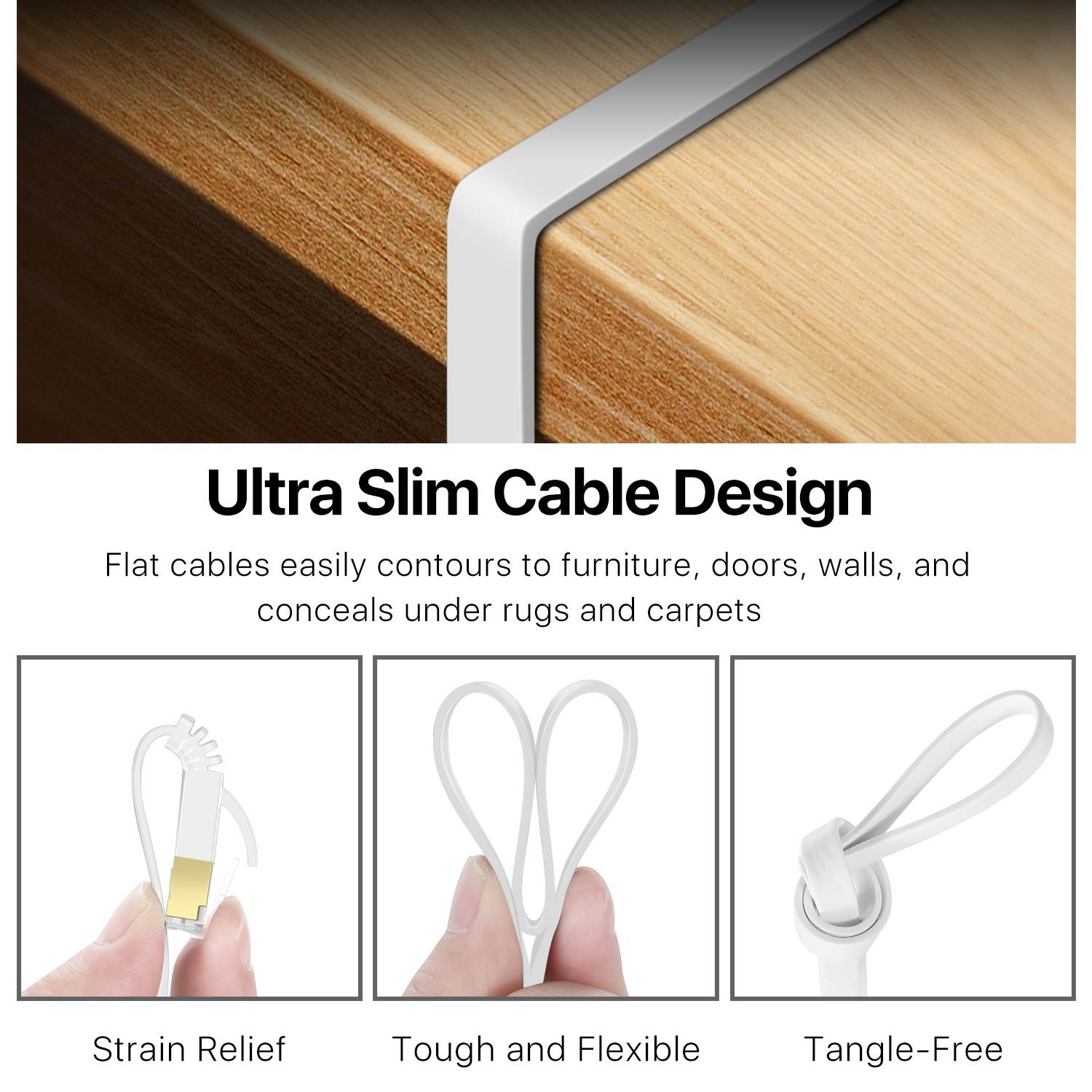 Cat7 Flat Ethernet Network Cable (33FT) - 10Gbps 600Mhz High Performance & Tangle Free with Premium RJ45 Snagless Connector Jack Computer LAN Internet Networking Patch Wire Cord Plug - White