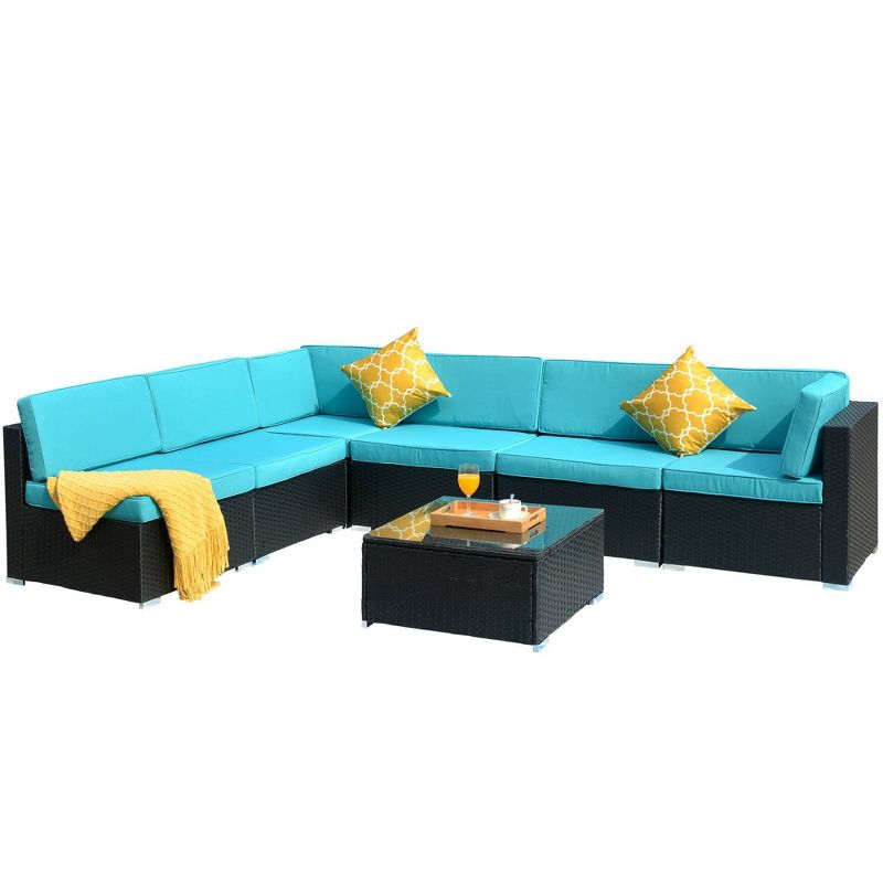 7pc Rattan Wicker Patio Sectional Sofa Set with Cushions & Pillows - Art Leon