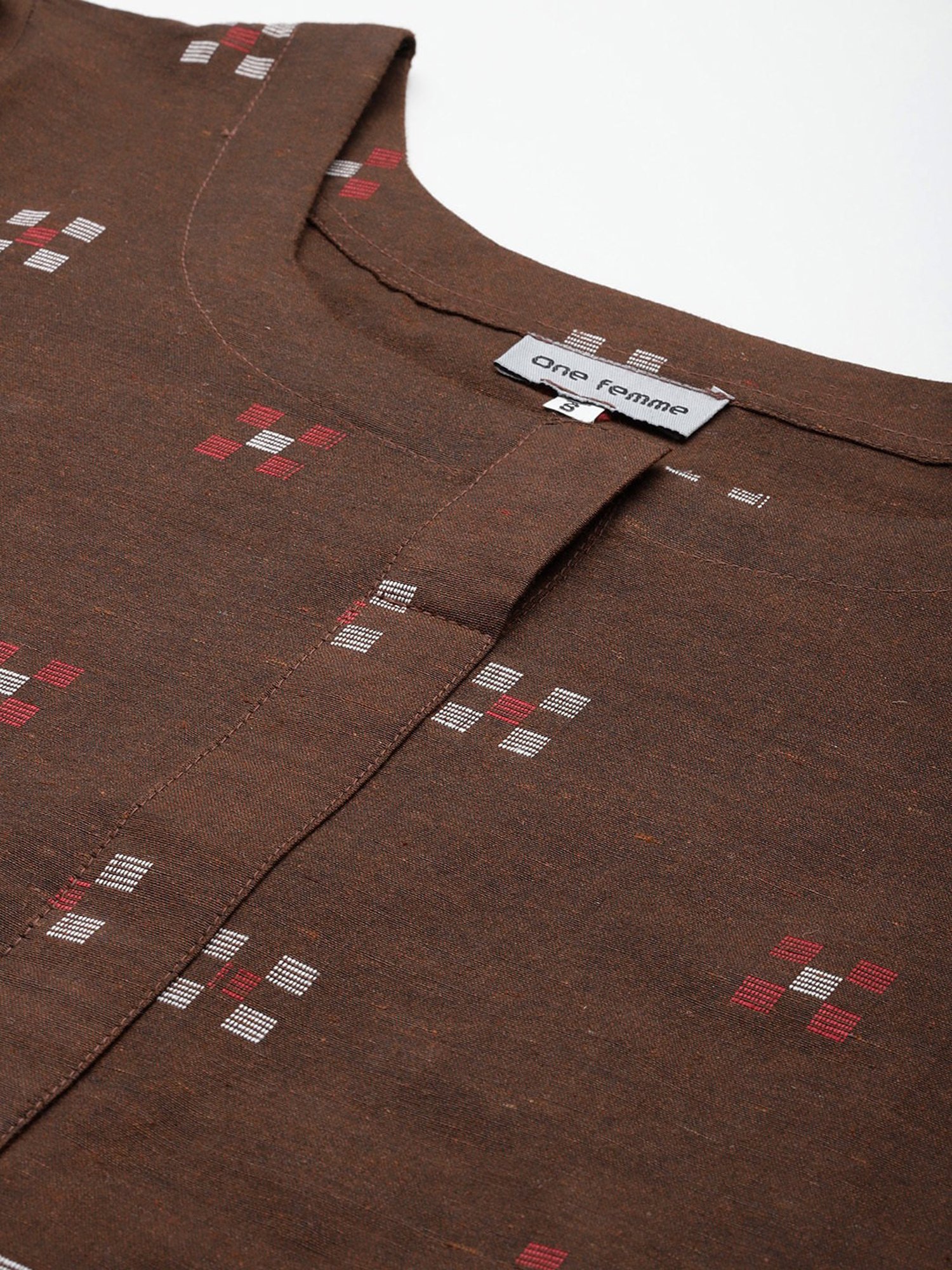 One Femme Brown Cotton Self Design A Line Kurti