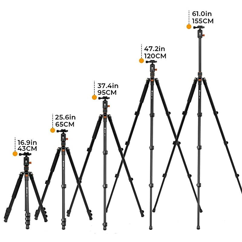 Camera Tripod Monopod 61in with Panorama Ball Head Aluminium Travel Tripod for DSLR Mirrorless Cameras Support Macro Shots Counter Weight 13lb Payload Lightweight 16.9" Foldable Size