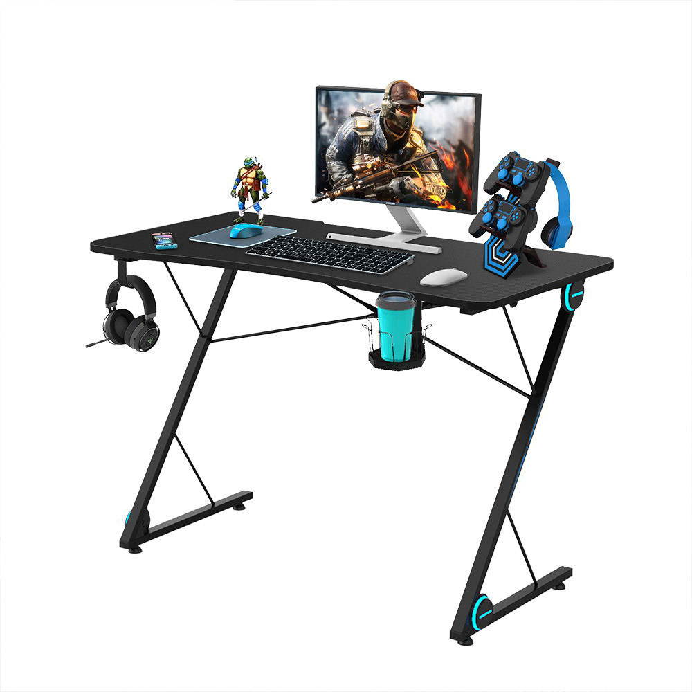 Gaming Desk, Z-Shaped Computer Desk, E-Sport PC Computer Gaming Station Desk, Gaming Workstation Home Office Desk with LED Lights, Headphone Holder, Cup Holder and Game Handles Holder, Black, R018
