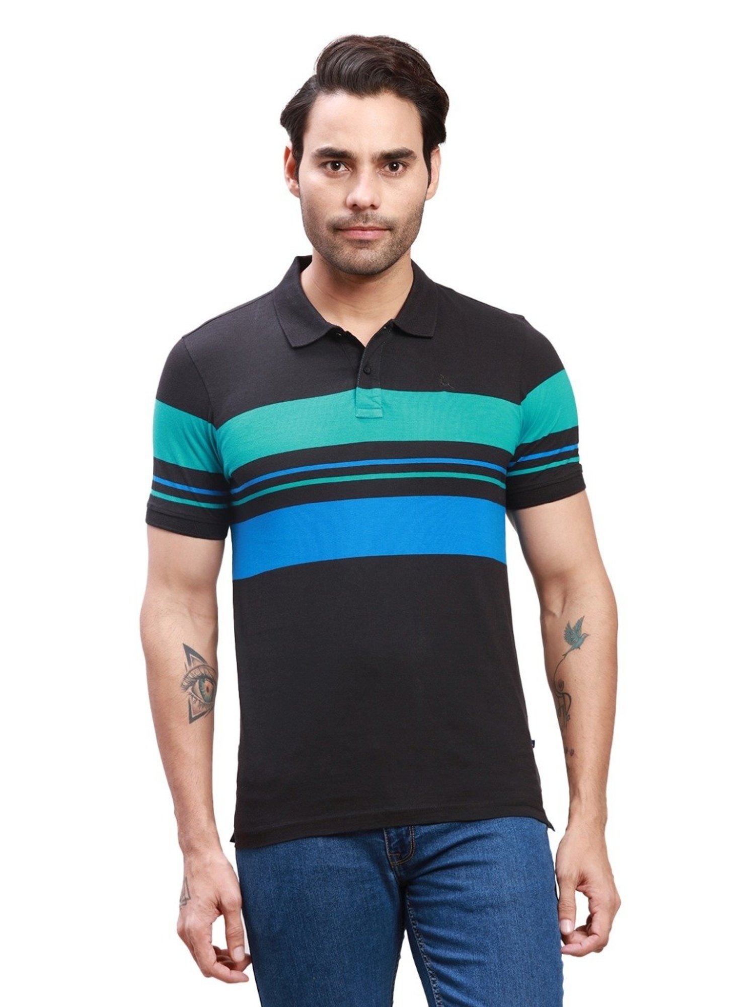 Parx Black Cotton Regular Fit Colour Block Polo T-Shirt