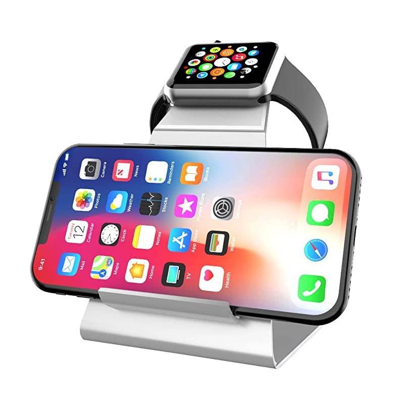 iWatch Stand Holder Aluminum NightStand Apple Watch iPhone Universal Desktop Charging Station for iWatch Series 5 4 3 2 1 iPhone 1111Pro11MaxXsXs MaxXRX88P77PlusSliver