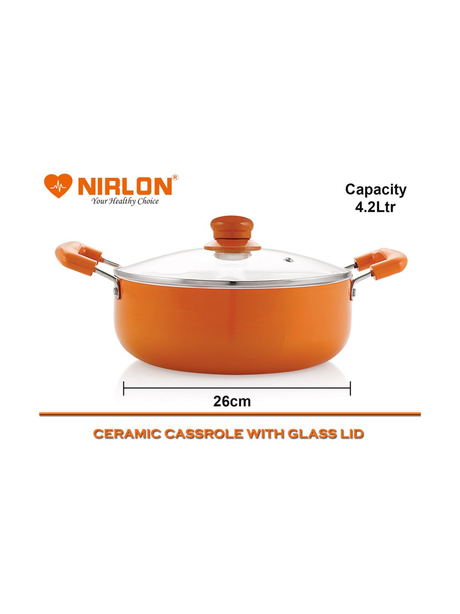 Nirlon Orange Non Stick Induction Casserole with Glass Lid - 4.2 L