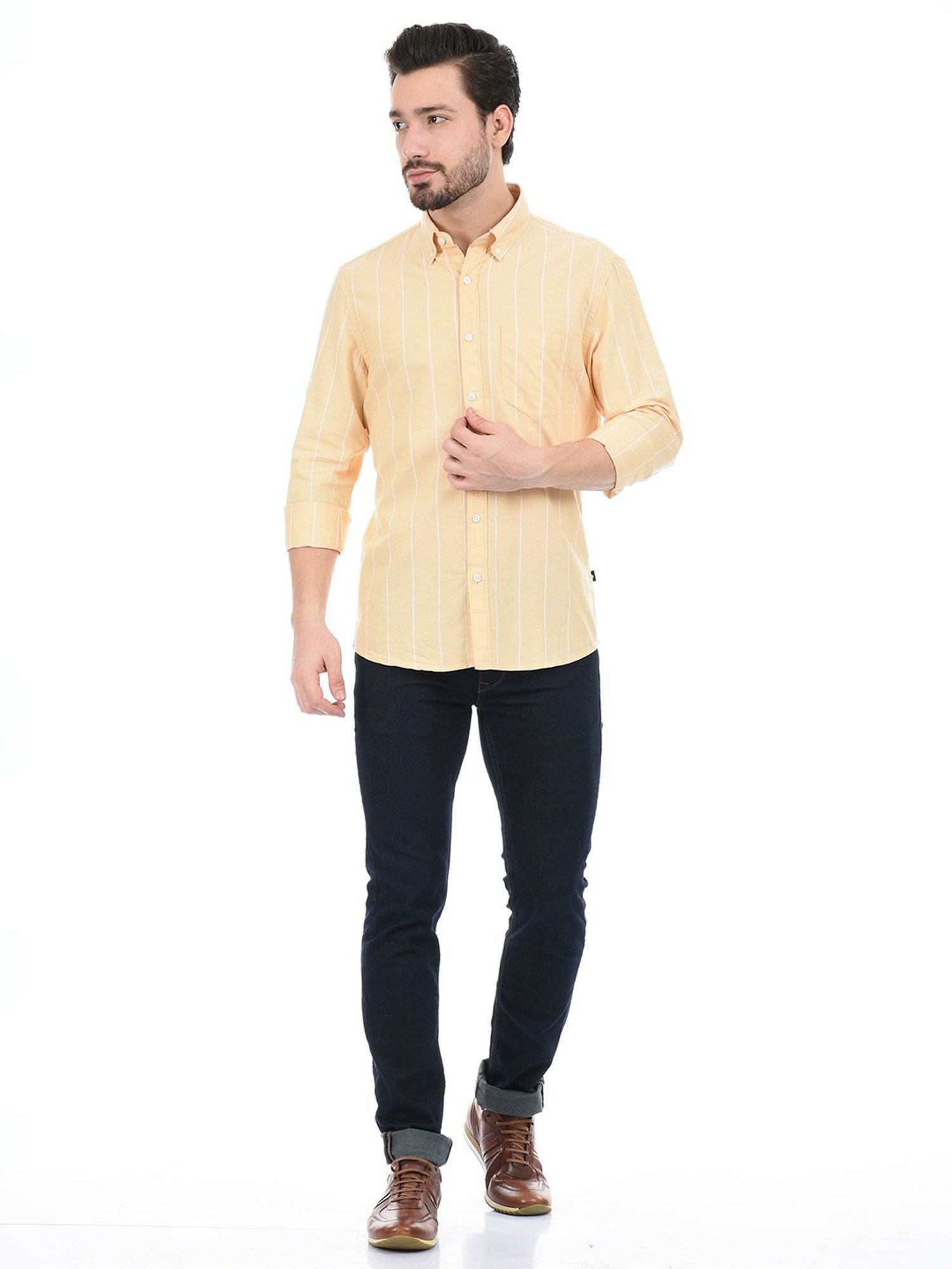 London Fog Light Yellow Regular Fit Striped Cotton Shirt