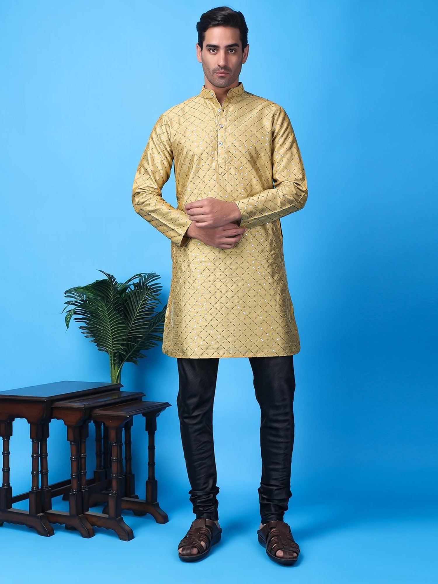 Hangup Khaki & Black Regular Fit Embellished Kurta Bottom Set