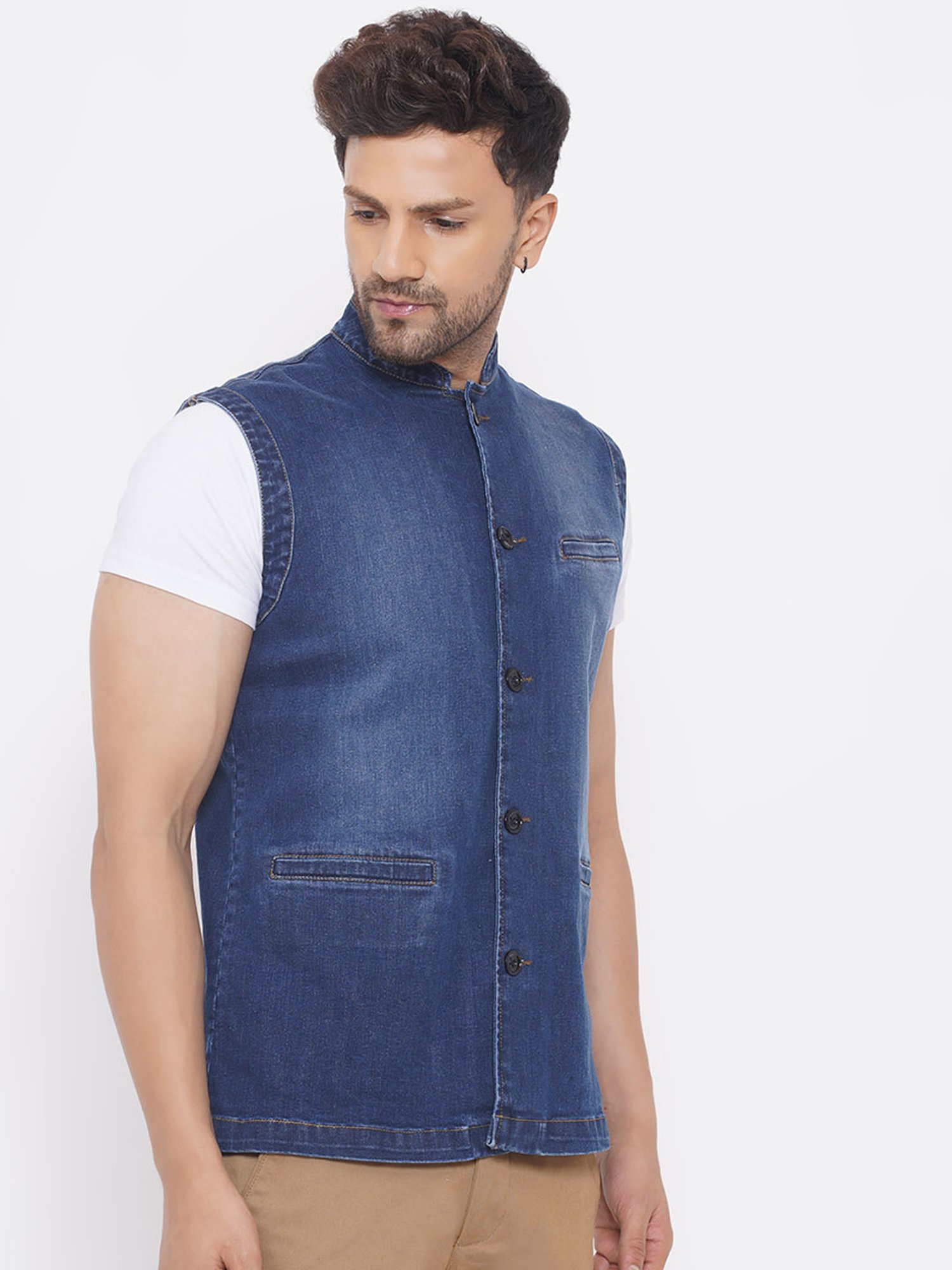 John Pride Blue Regular Fit Denim Nehru Jacket
