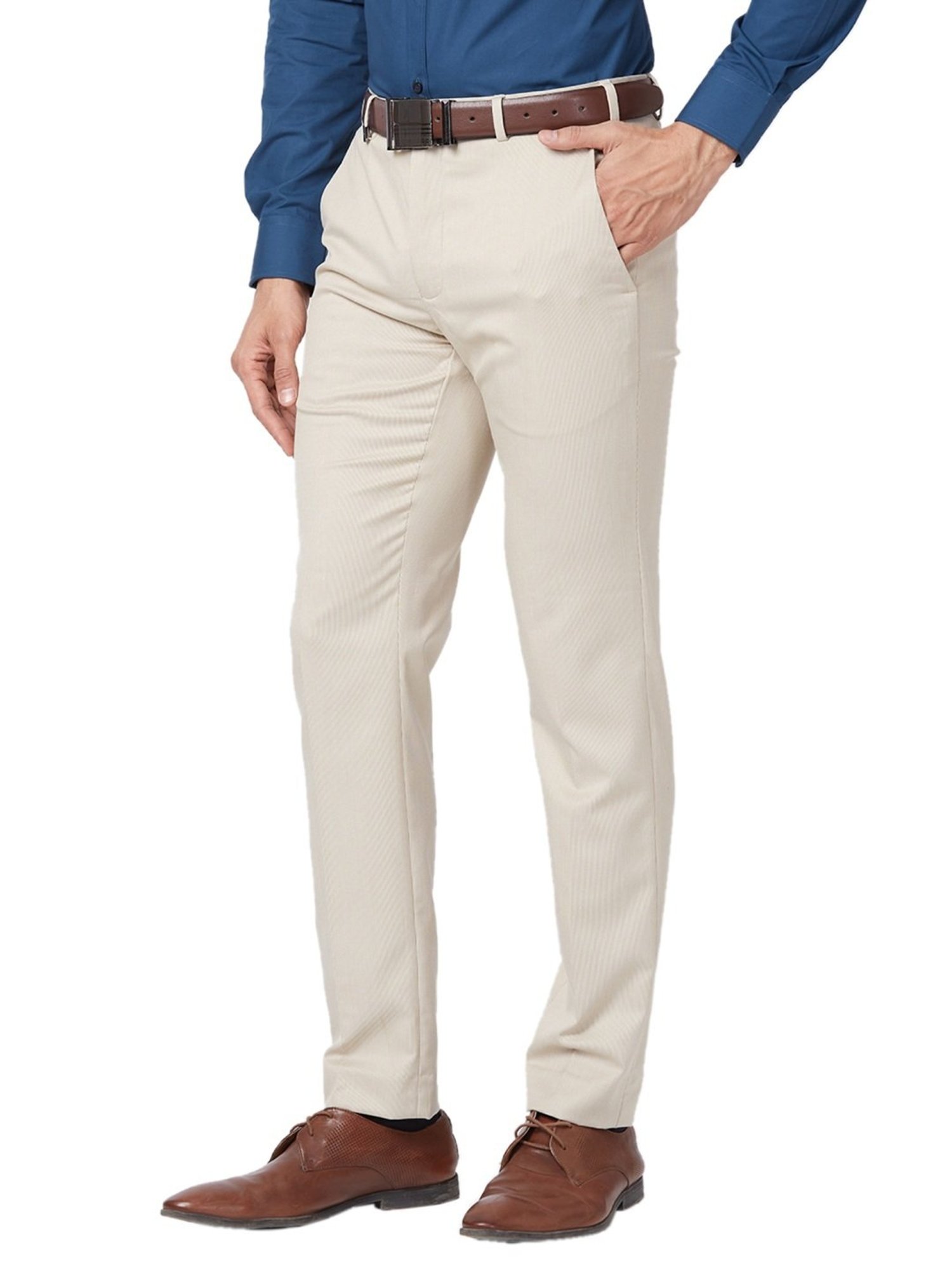 Park Avenue Beige Classic Fit Striped Trousers