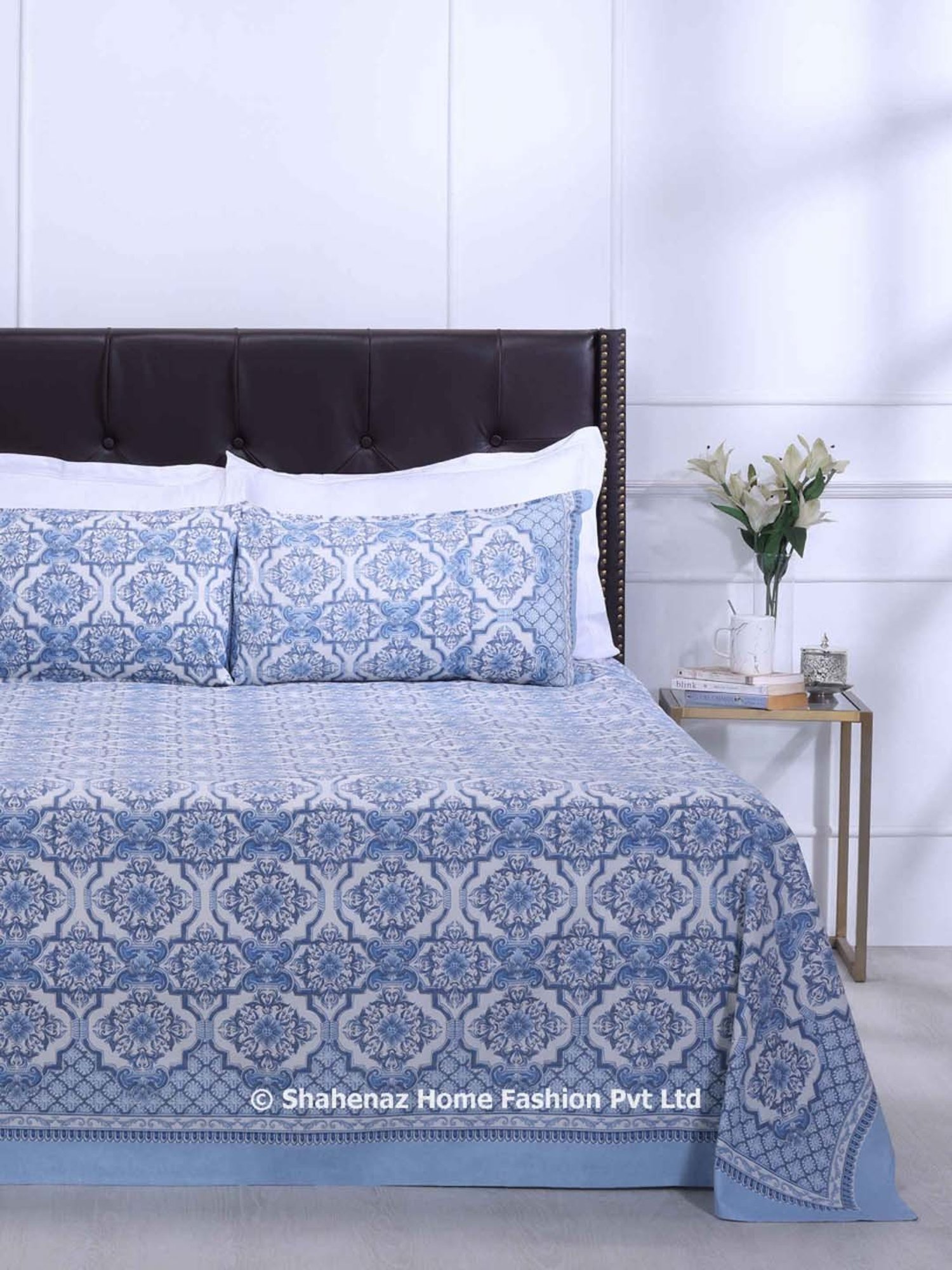 Shahenaz Blue 120 TC Cotton Nandini Double Bedsheet with 2 Pillow Covers