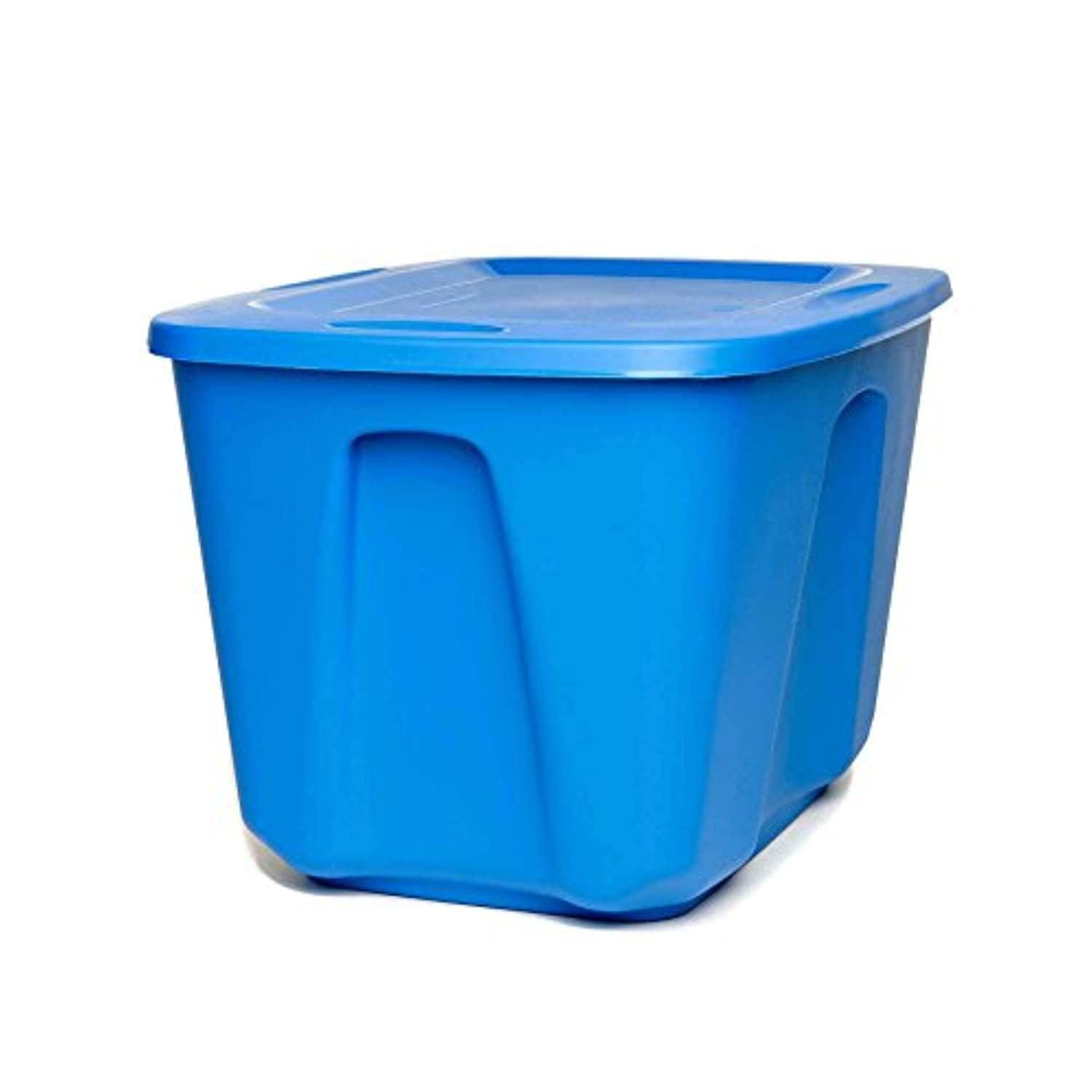 homz plastic storage tote with lid, 18 gallon, blue, stackable, 4pack