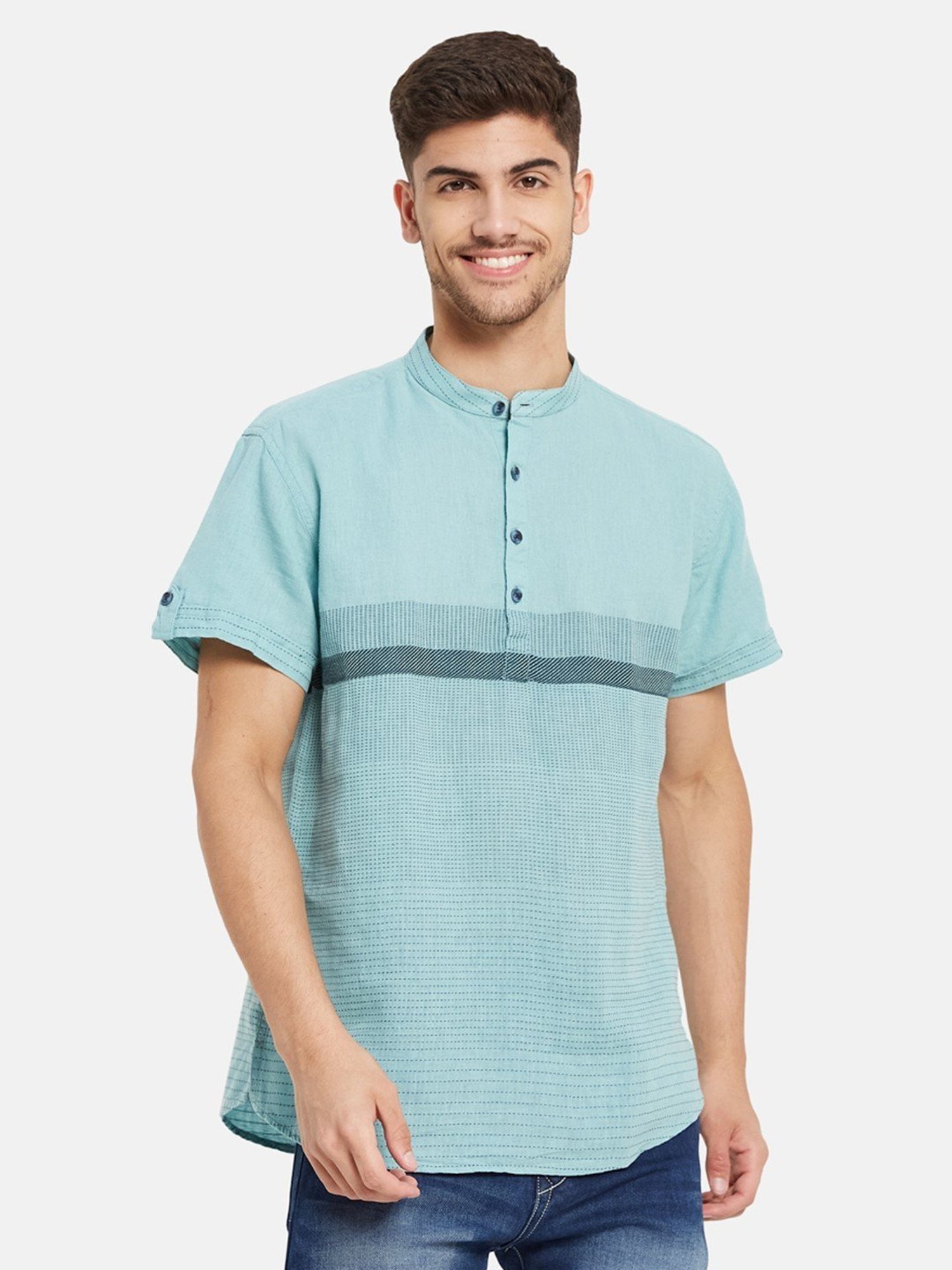METTLE Light Teal Cotton Regular Fit Striped Shirt
