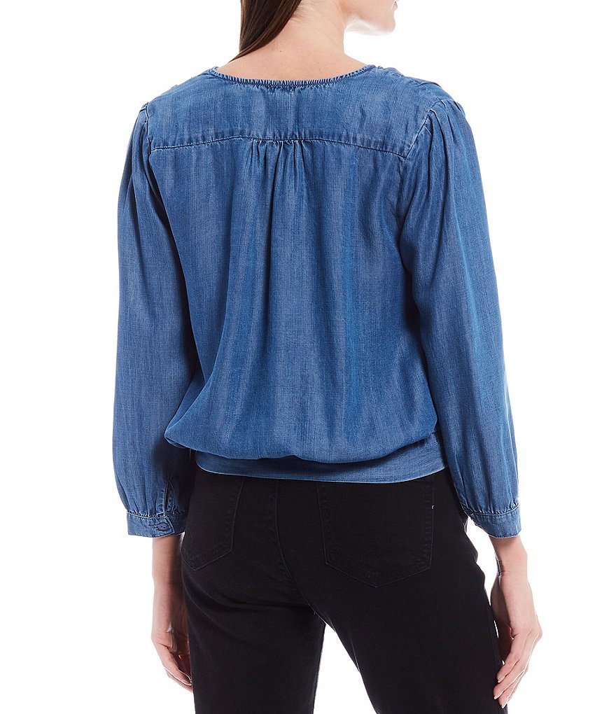 Reba Surplice V-Neck Long Sleeve Faux Wrap Chambray Top