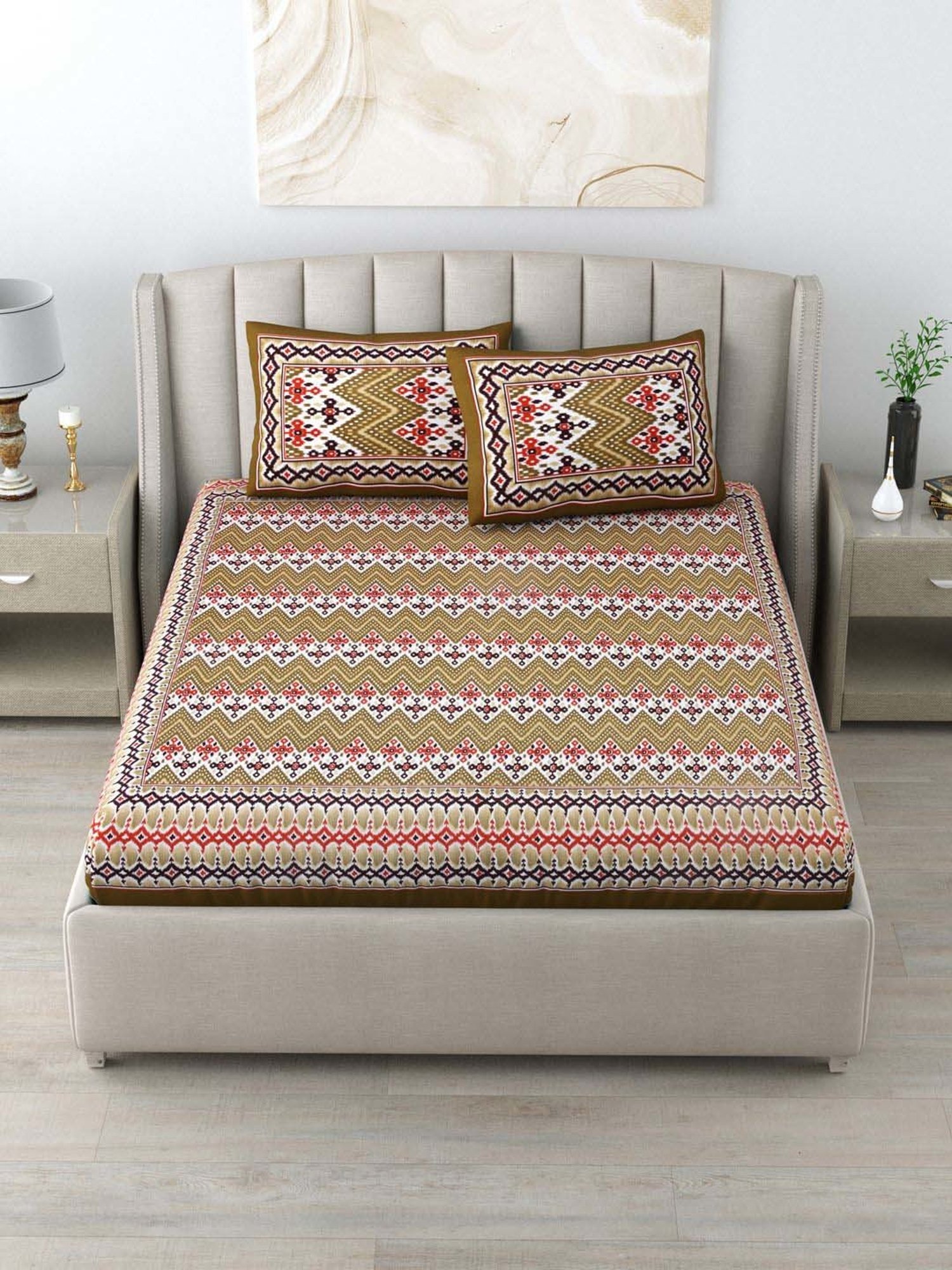 Living Roots Brown & Red Cotton 200 TC Super King Bedsheet with 2 Pillow Covers