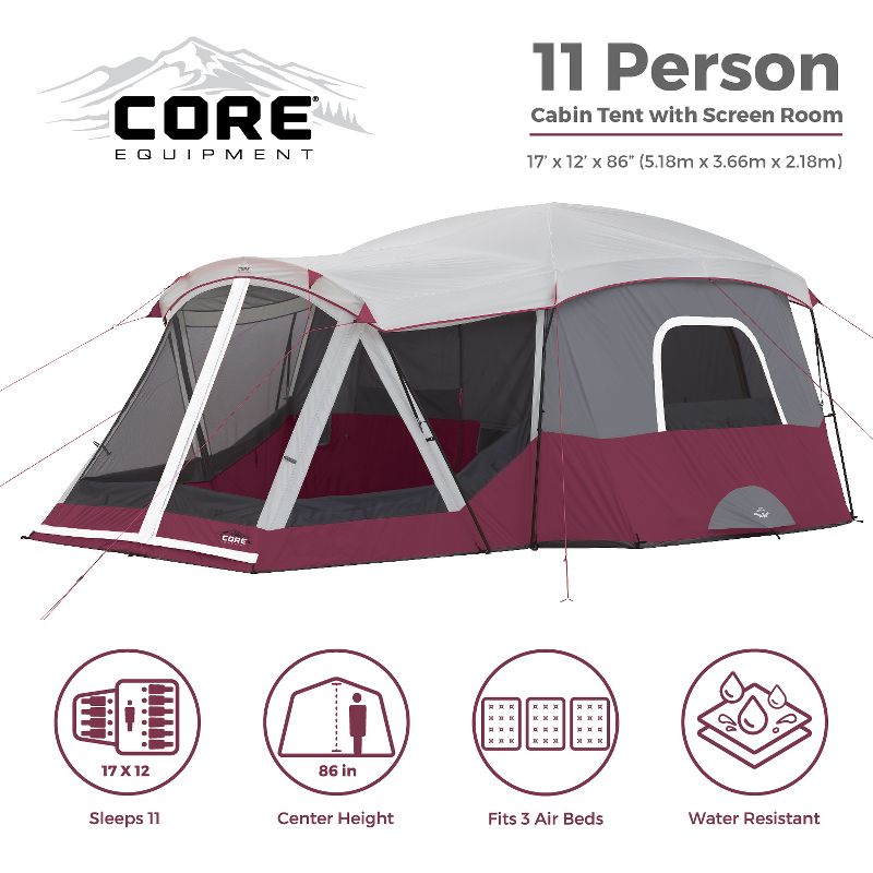 CORE 40072 11 Person Family Outdoor Camping Cabin Tent with Screen Room, Red