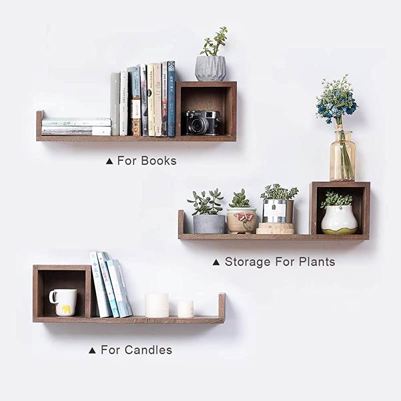 Square Cube U Shaped Wall Mounted Shelf, Storage Hanging Shadow Box Shelves Floating Bookshelves Organizer CD Photo Rack Display Case for Bedroom Living Room Office(Walnut, Right)