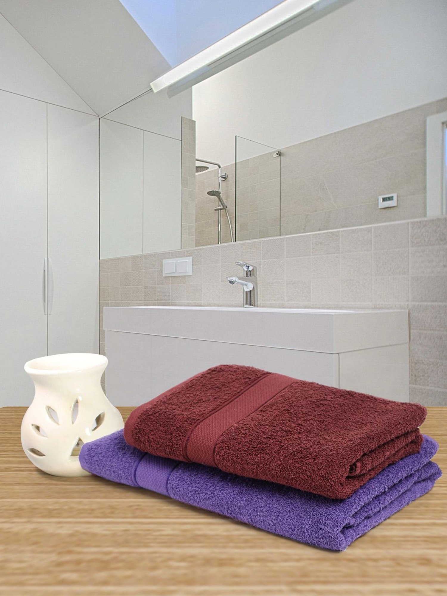 Creeva Violet & Wine 525 GSM Cotton Bath Towel Set of 2