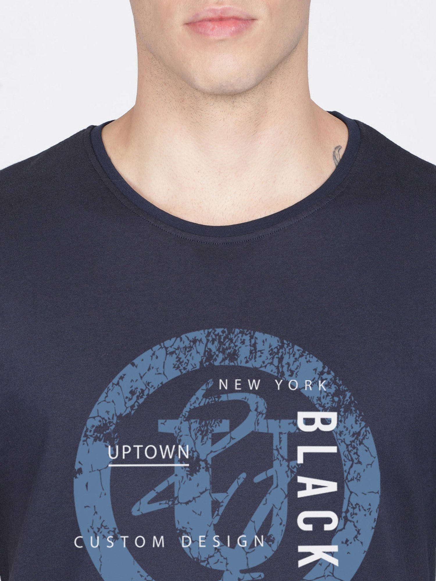 BLACK RADIO Navy Slim Fit Printed Cotton Crew T-Shirt