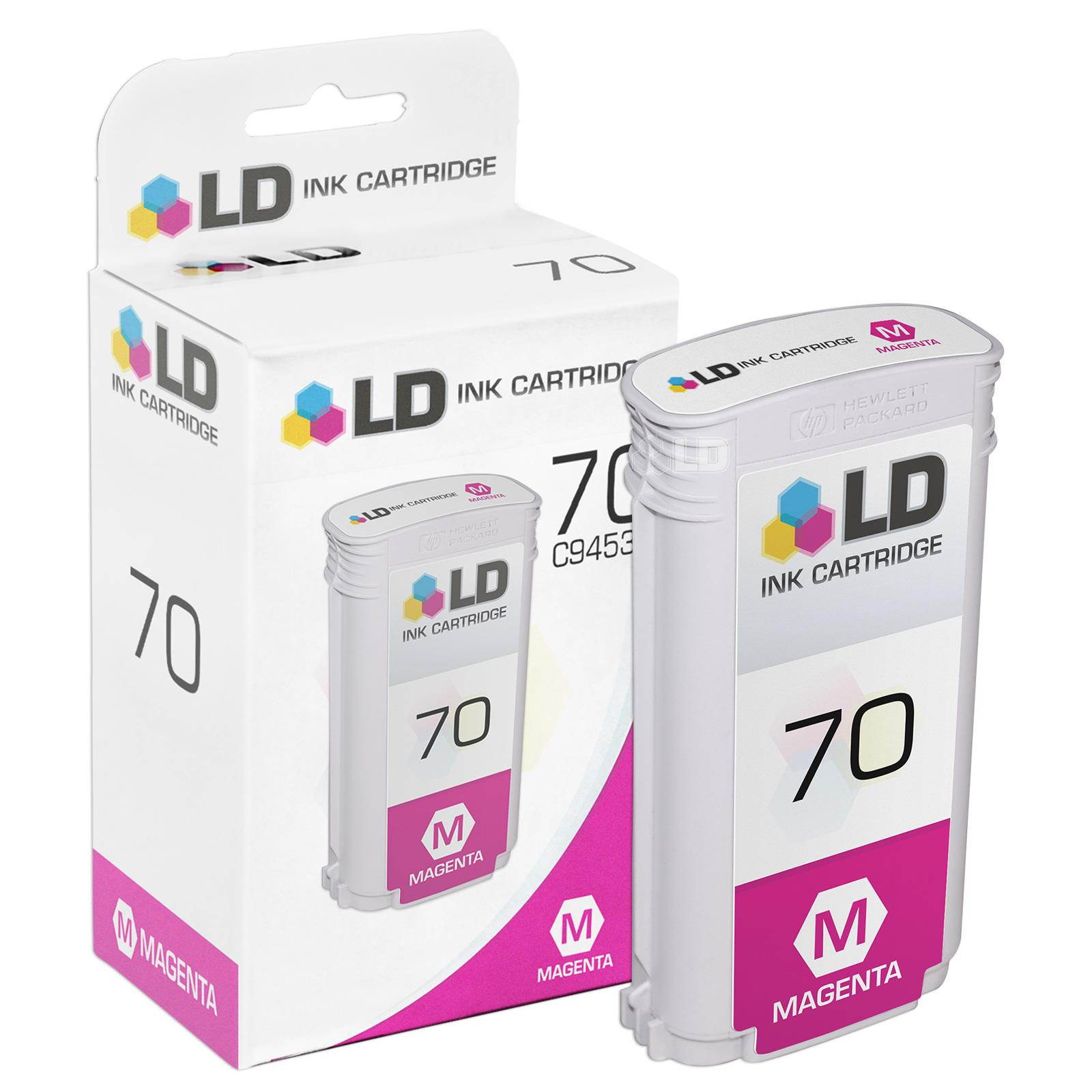 LD Compatible Replacements HP 70 3PK Pigment Cartridges: 1 C9452A Cyan, 1 C9453A Magenta, and 1 C9454A Yellow