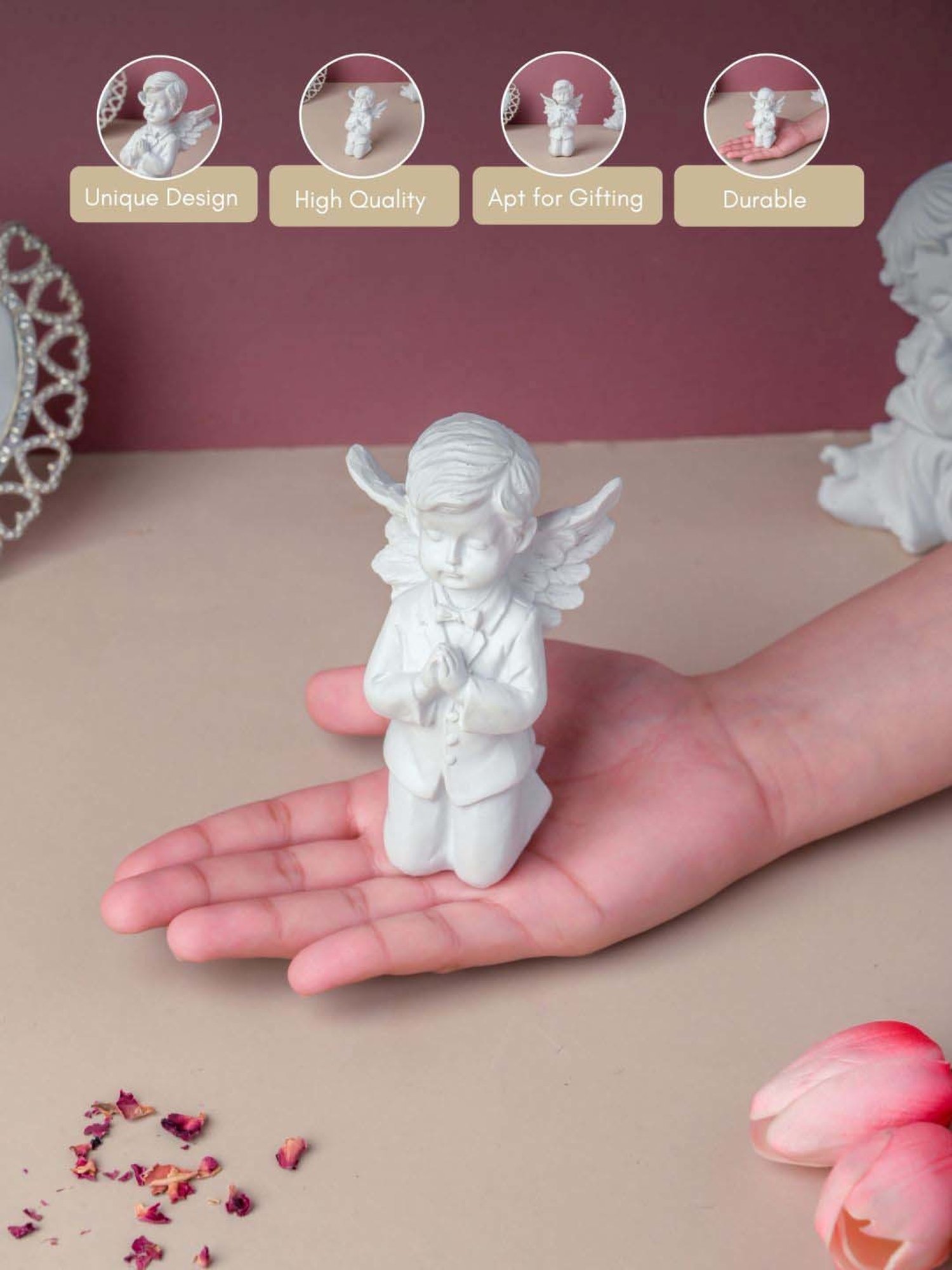 Nestasia White Praying boy on both knees Angel Statue with Wings for Home Decoration (4.92 Inch)
